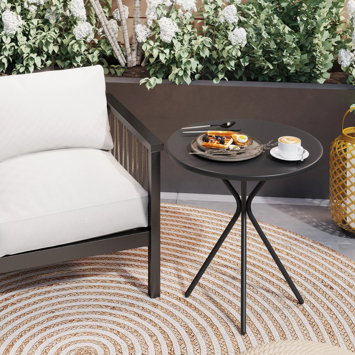 Sodo stalas Ø60 x 70 cm, atsparus oro sąlygoms balkono stalas iš plieno, apvalus valgomojo stalas su kojų apsaugomis, juodas