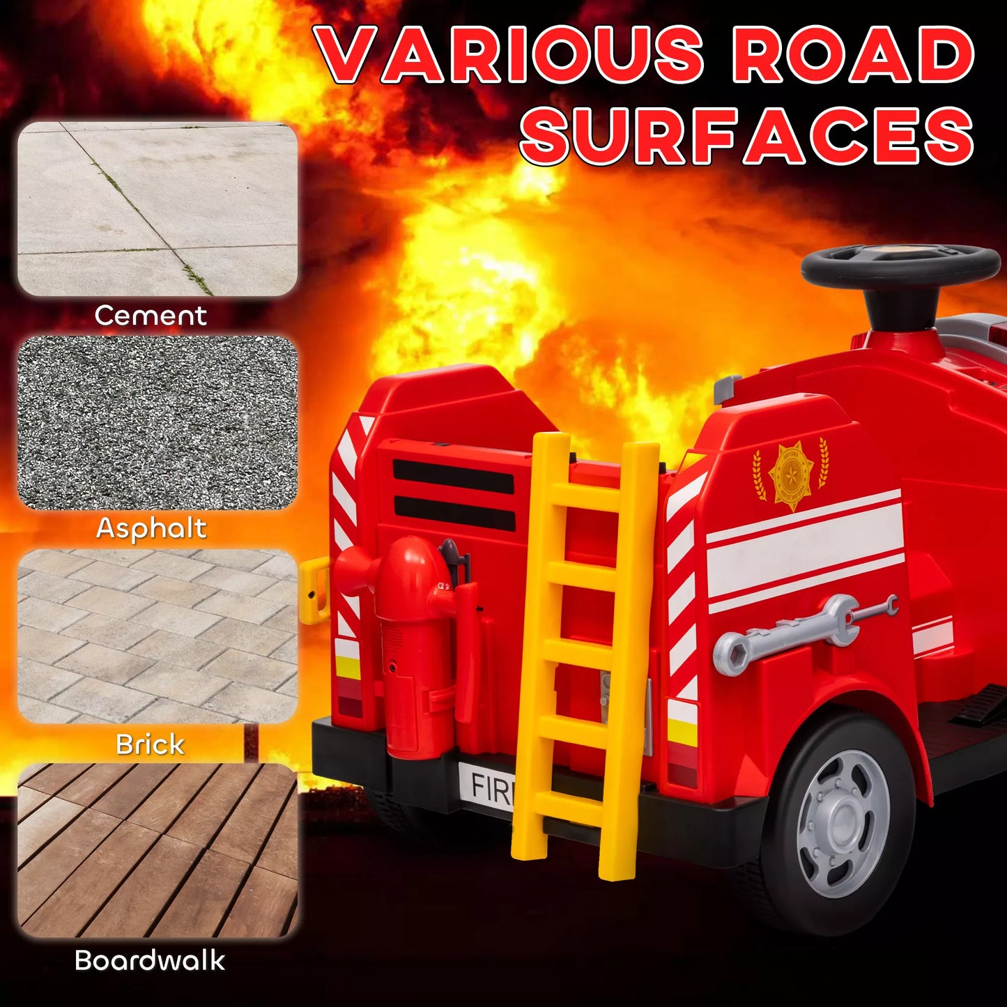 Gaisrinis automobilis, elektrinis vaikiškas automobilis, maks. 3 km/val., su sirena, mėlynu švyturėliu, įrankiais, vaikams nuo 3 iki 5 metų