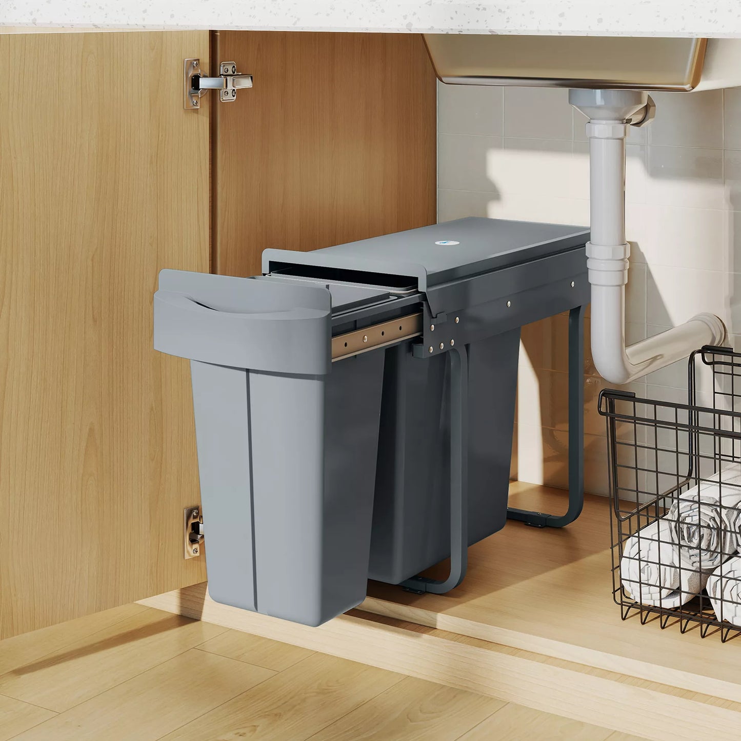 Ištraukiamas šiukšlių konteineris, virtuvės šiukšlių konteineris su 2 išimamais kibirais, rankena, 30 litrų (20 l + 10 l), metalas, pilkos spalvos