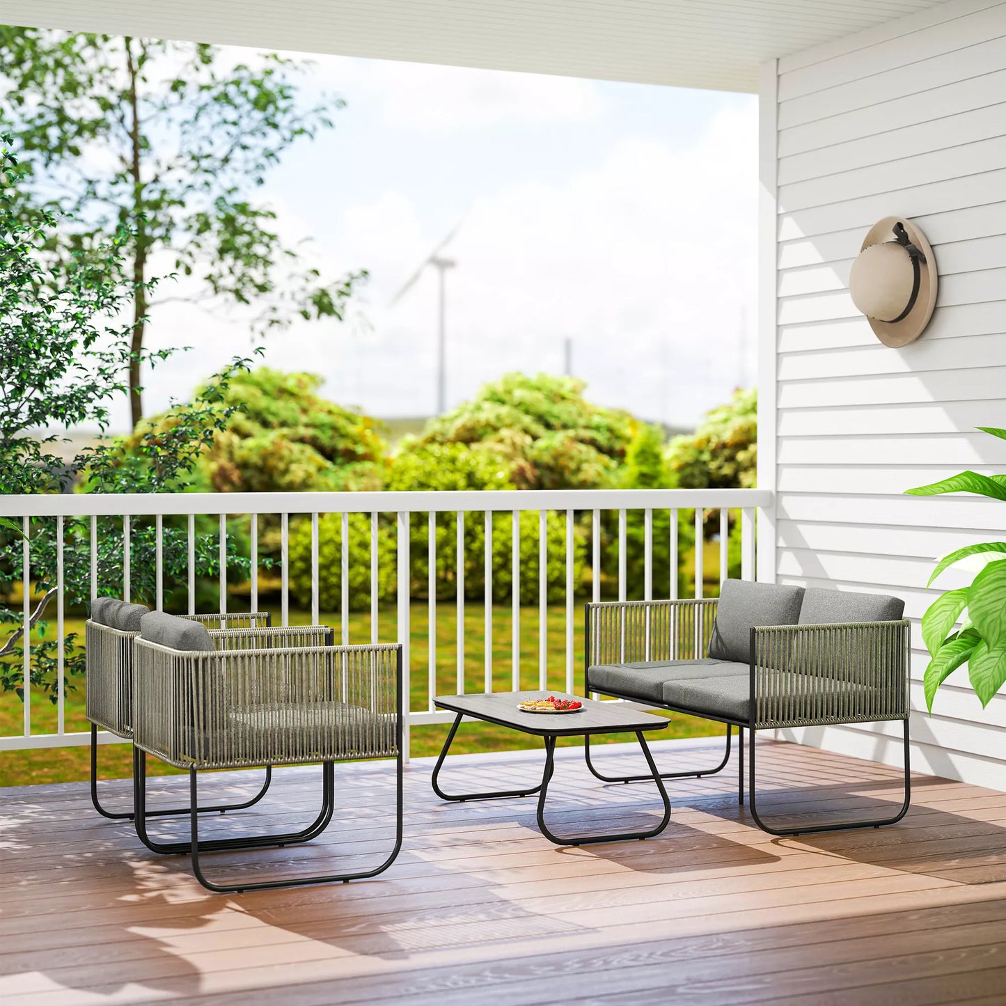 Lauko baldų komplektas iš poliratano, Lounge tipo komplektas su sofa, foteliu, stalu ir pagalvėlėmis, atsparus oro sąlygoms, 116 x 60 x 69 cm, ruda+tamsiai pilka