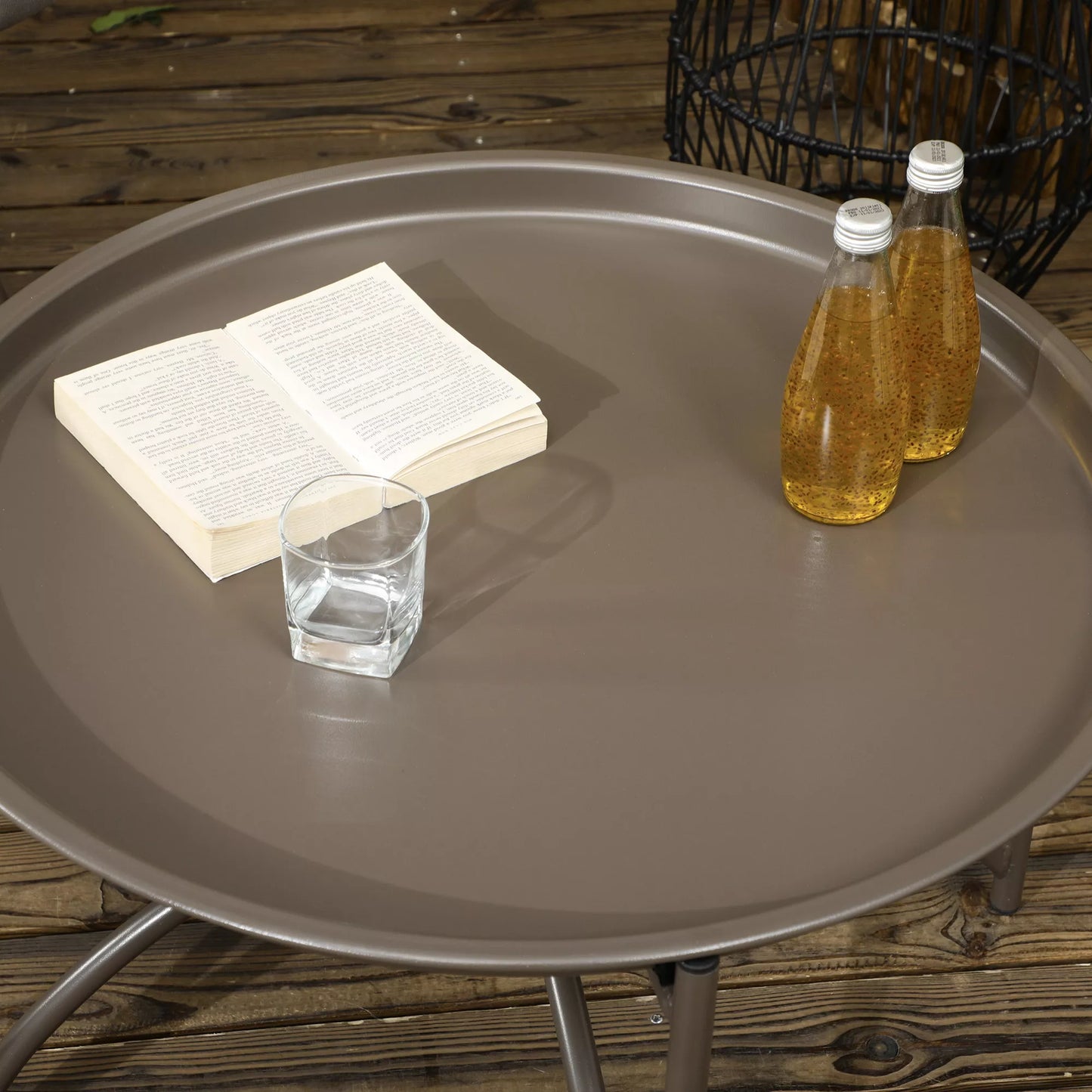 Sodo kėdžių komplektas, 2 vnt., pufas/pagalbinis staliukas, didelė sėdimoji pagalvėlė, plieninis rėmas, spalva: smėlio, 118 x 75 x 142 cm