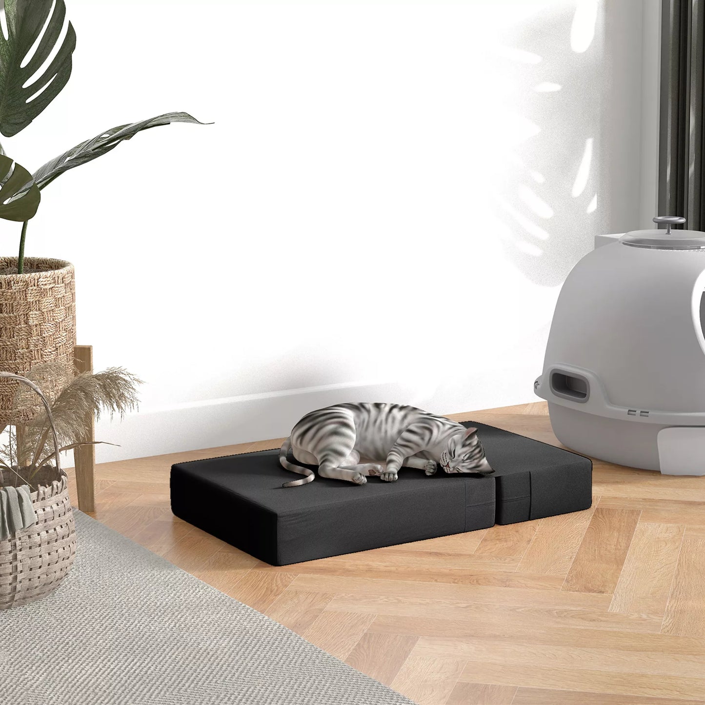 Naminių gyvūnėlių laipteliai, 2 pakopos, sulankstomi, šunų laipteliai, pagrindas katėms ir šunims, juodi, ilgis 45 x plotis 39 x aukštis 20 cm