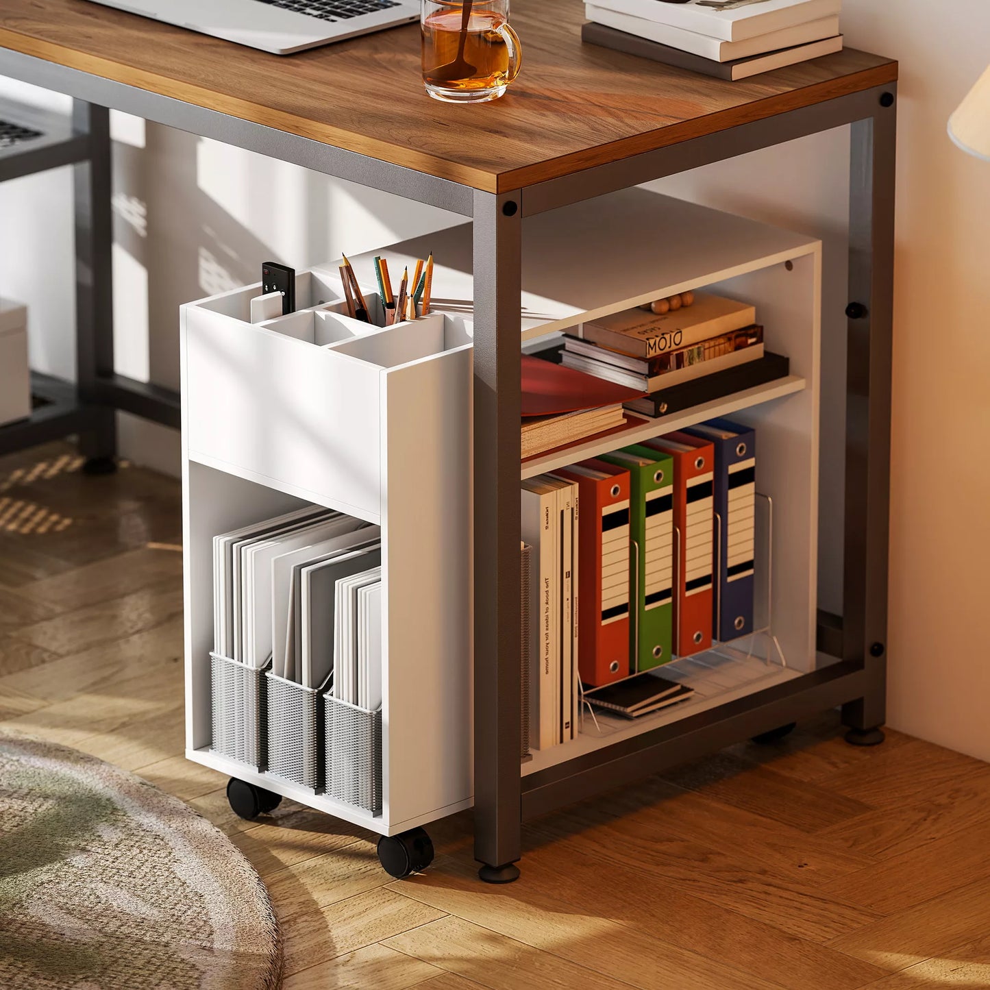 Stalas spauzdintuvui su skyriais, biuro lentyna su papildomomis vietomis daiktams laikyti, mdf ir metalas, 70x34x60 cm, balta