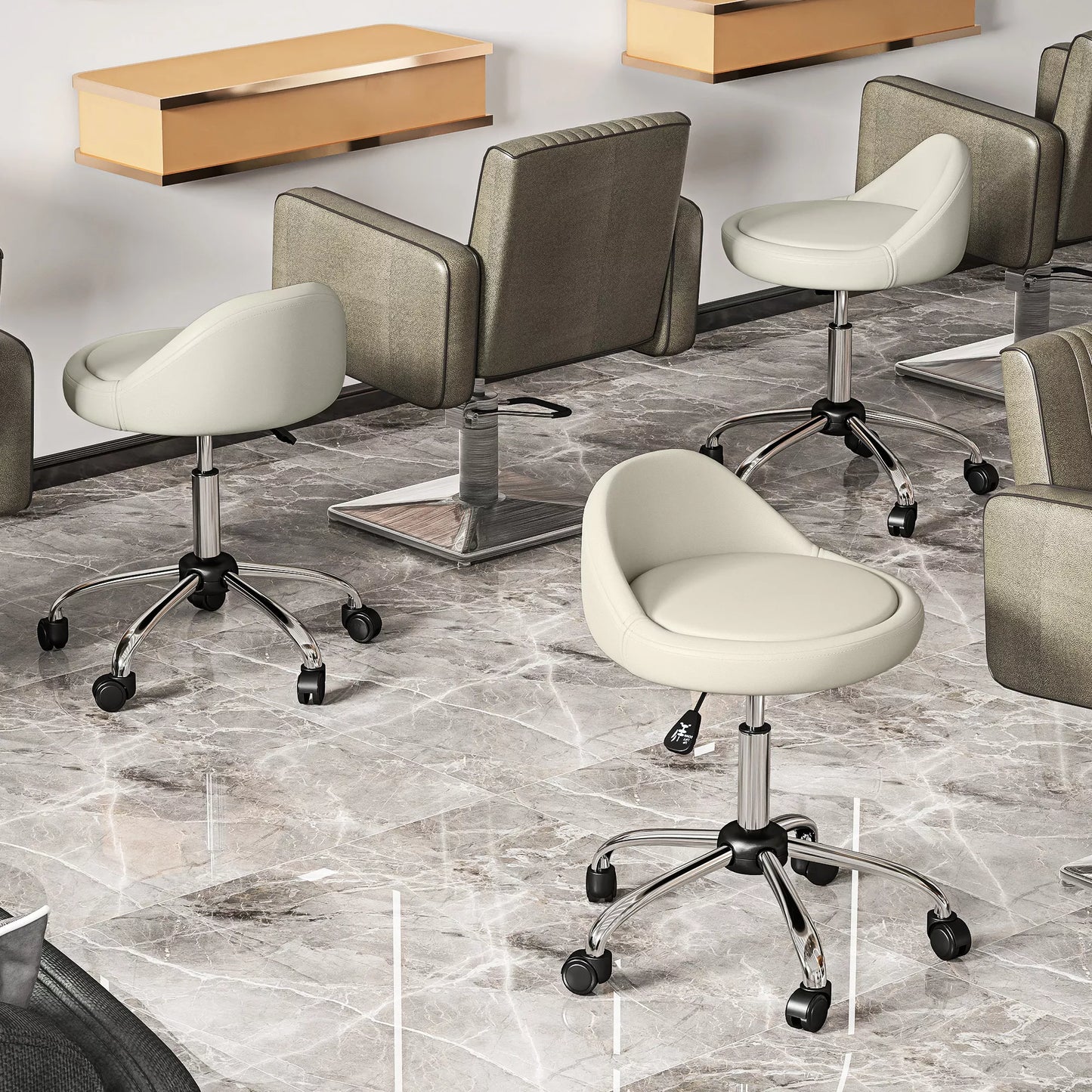 Darbo taburetė Sukiojama taburetė Ratinė taburetė, reguliuojamo aukščio, sukiojama sėdimoji dalis, 50 cm x 50 cm x 83 cm, balta