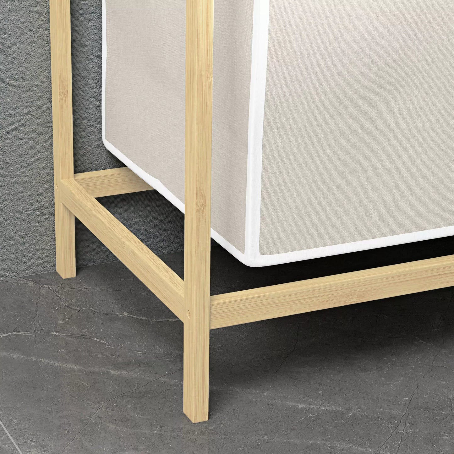 Skalbinių krepšys su 2 skalbinių maišais, 1 lentyna, bambukas, 63,5 cm x 33 cm x 73 cm, šviesiai pilka + natūrali