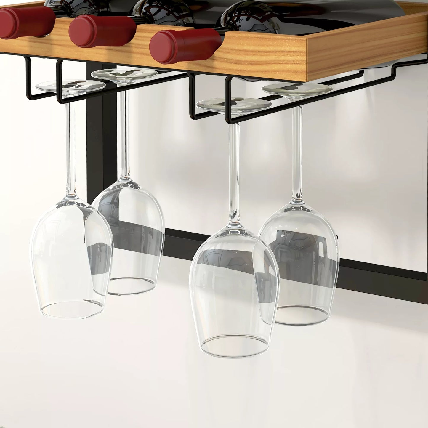 Sieninis vyno stovas, 5 lygiai, butelių laikiklis, stiklinių laikiklis, pušies mediena, plienas, namų barui, virtuvei, svetainei, rudos spalvos