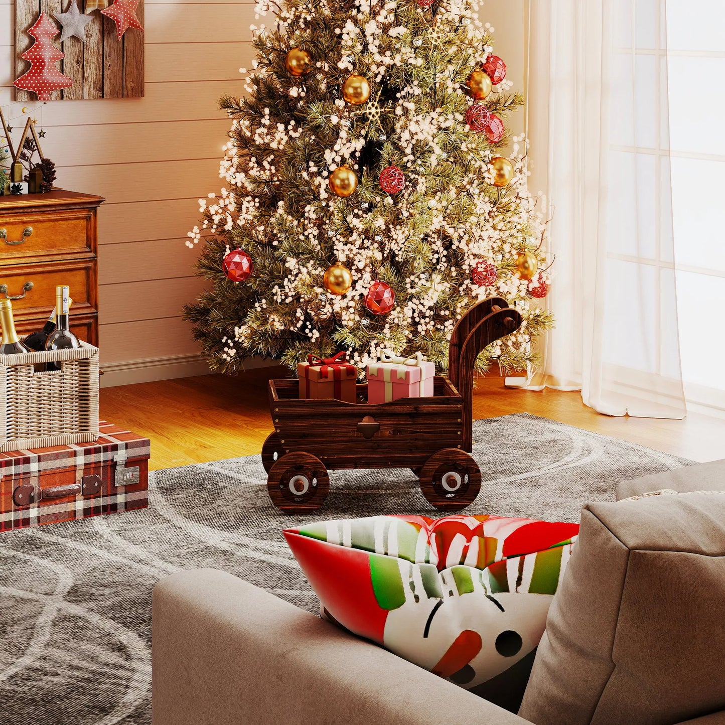 Aukštas medinis lysvynas, lysvynas vežimėlio formos, šiltnamis su 4 ratais, rankena, sodo lysvynas 68 x 38 x 52 cm