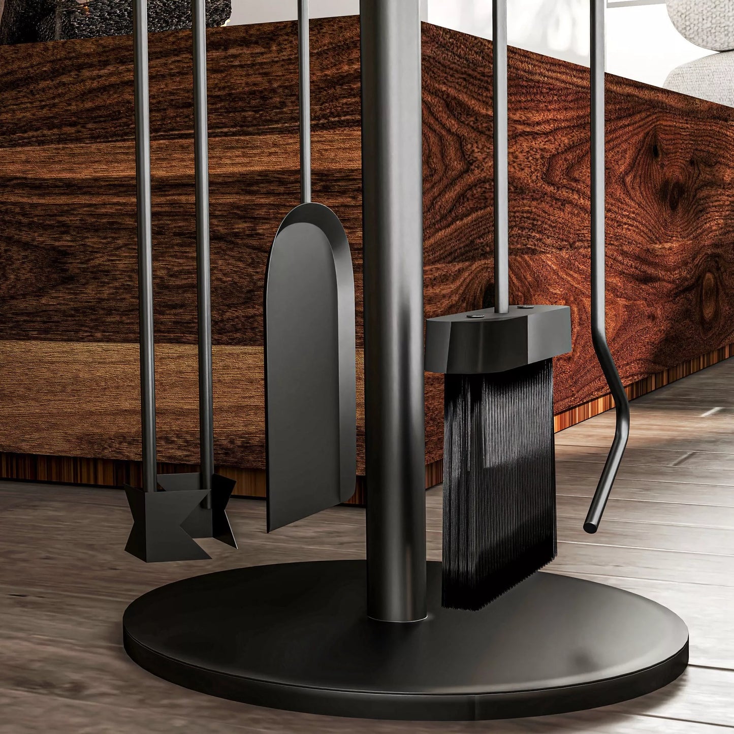 Židinio įrankių rinkinys, 5 dalių, šepetys, kastuvas, žnyplės, angliaraktis ir stovas, ugniai atsparus metalas, juodas