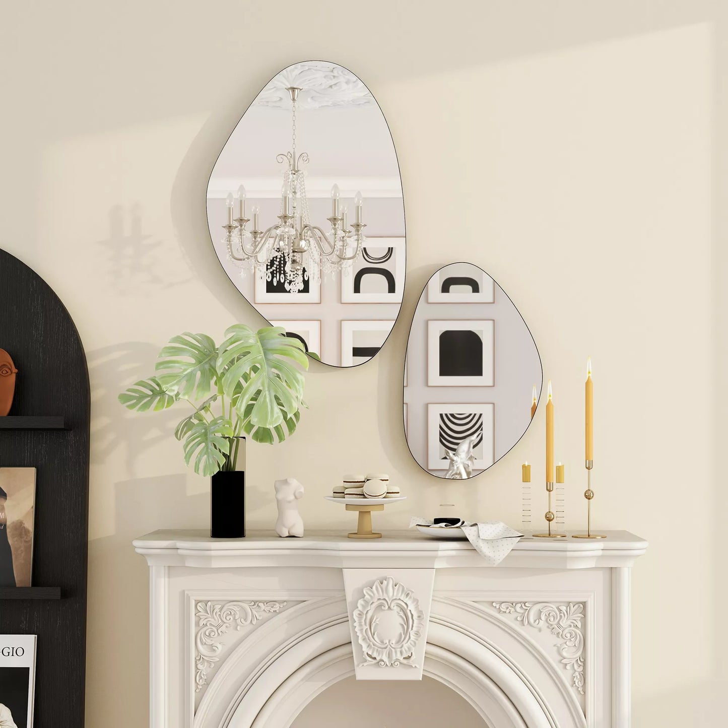 Sieninis veidrodis, 2 vnt. rinkinys, 70 x 46 cm, 49,5 x 31 cm Lango veidrodis su metaliniu rėmu Pakabinamas veidrodis, akmens formos, juodas