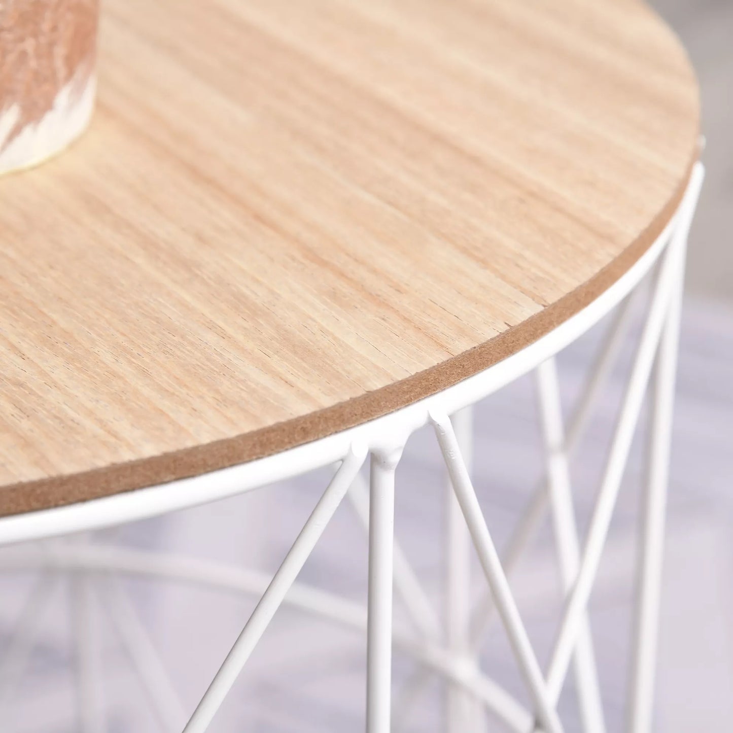 Apvalus 2 vnt. komplekto svetainės staliukas, sukraunamas, su nuimamu dangčiu, kavos staliukas su metaliniu rėmu, svetainei - Natūralus+Baltas