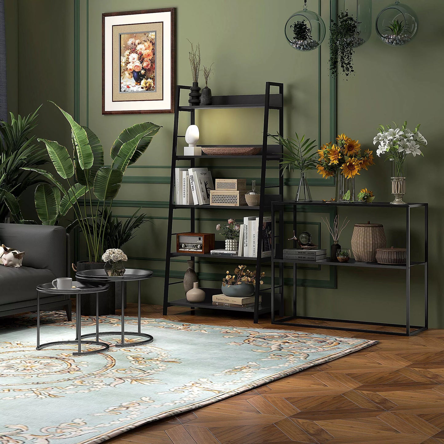 Konsolinis staliukas, komoda, 2 lentynos, milteliniu būdu dengtas plienas, 90 x 30 x 75cm, juodas