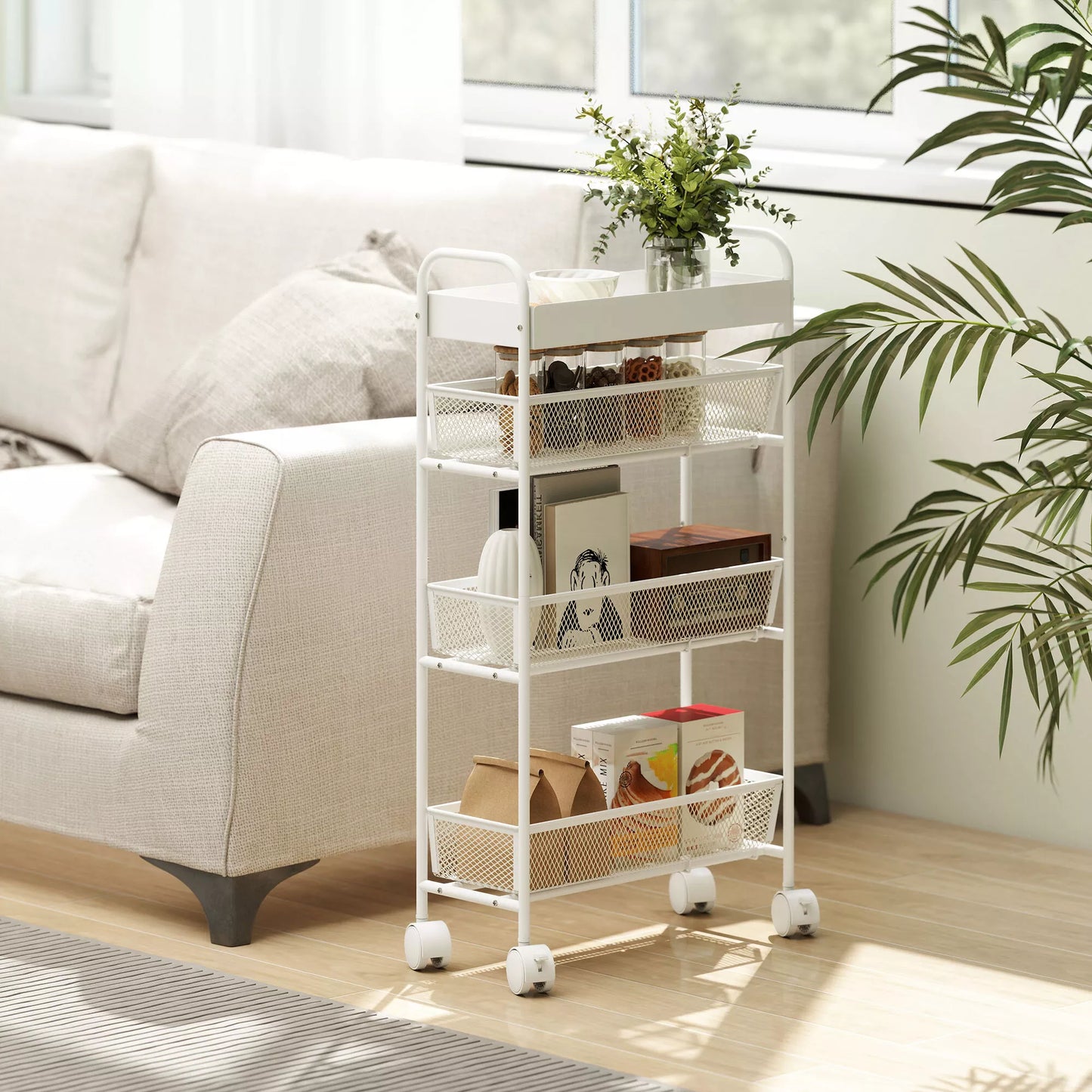 Metalinis virtuvės vežimėlis, 3 krepšiai, siauras dizainas, 4 ratai, skirtas virtuvei, svetainei, vonios kambariui, baltas