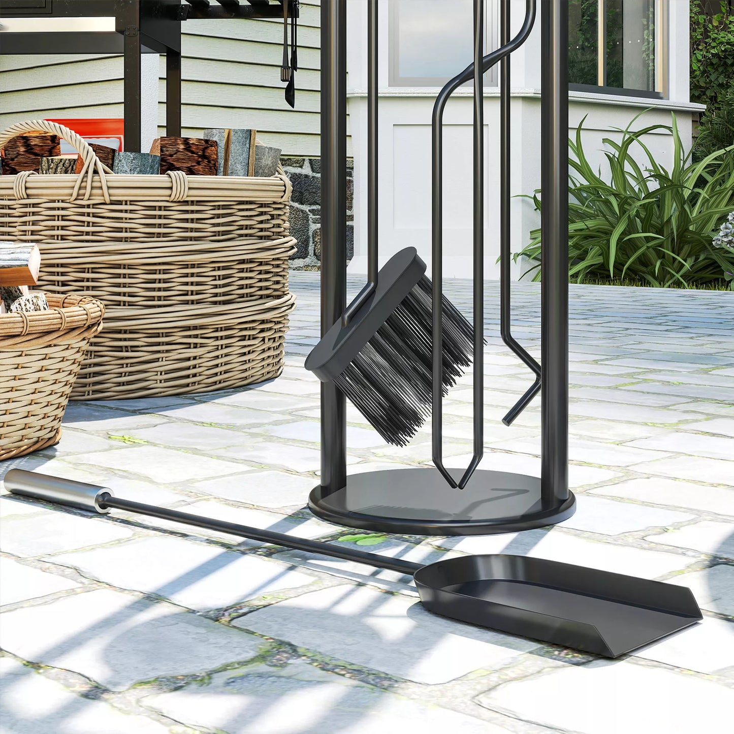 5 dalių židinio įrankių rinkinys, židinio priedai su šluota, kastuvu, semtuvėliu, žnyplėmis ir stovu