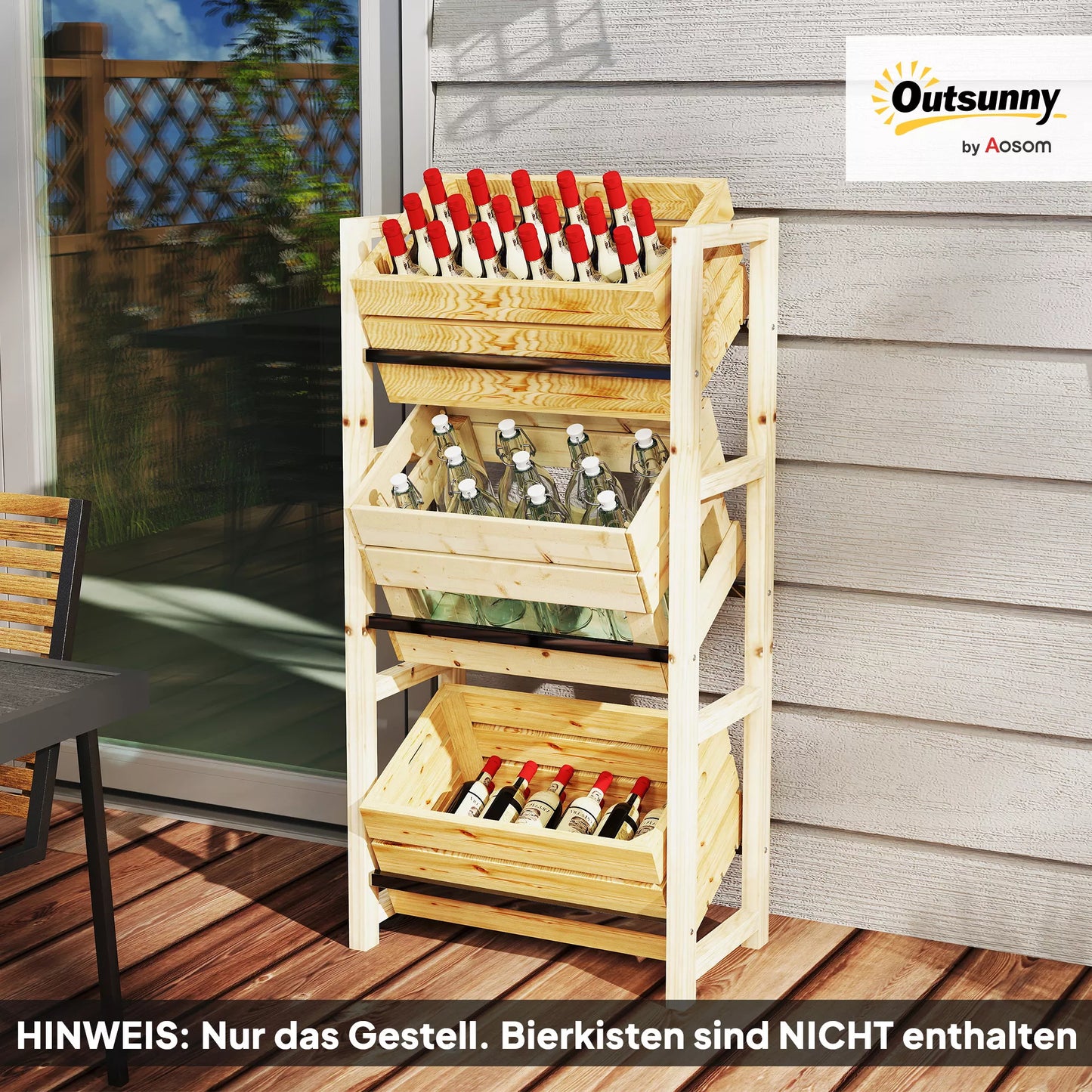 Gėrimų dėžių lentynos 3 gėrimų dėžėms Gėrimų lentynos Medinės dėžių lentynos su 3 lygiais 56 x 32 x 112 cm Natūralaus medžio