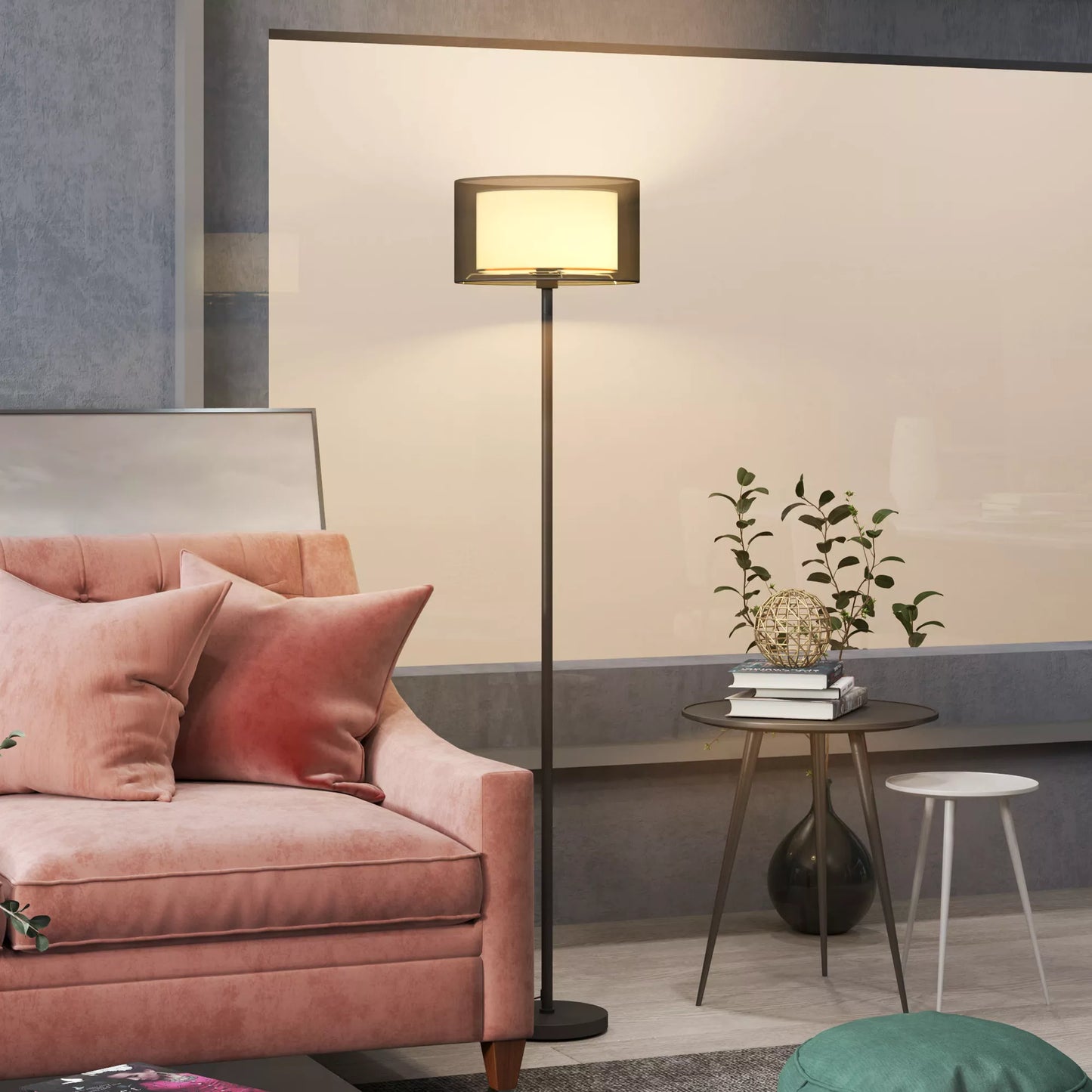 Stovinti lempa, dviejų spalvų gaubtas, kojinis jungiklis, metalas, juoda