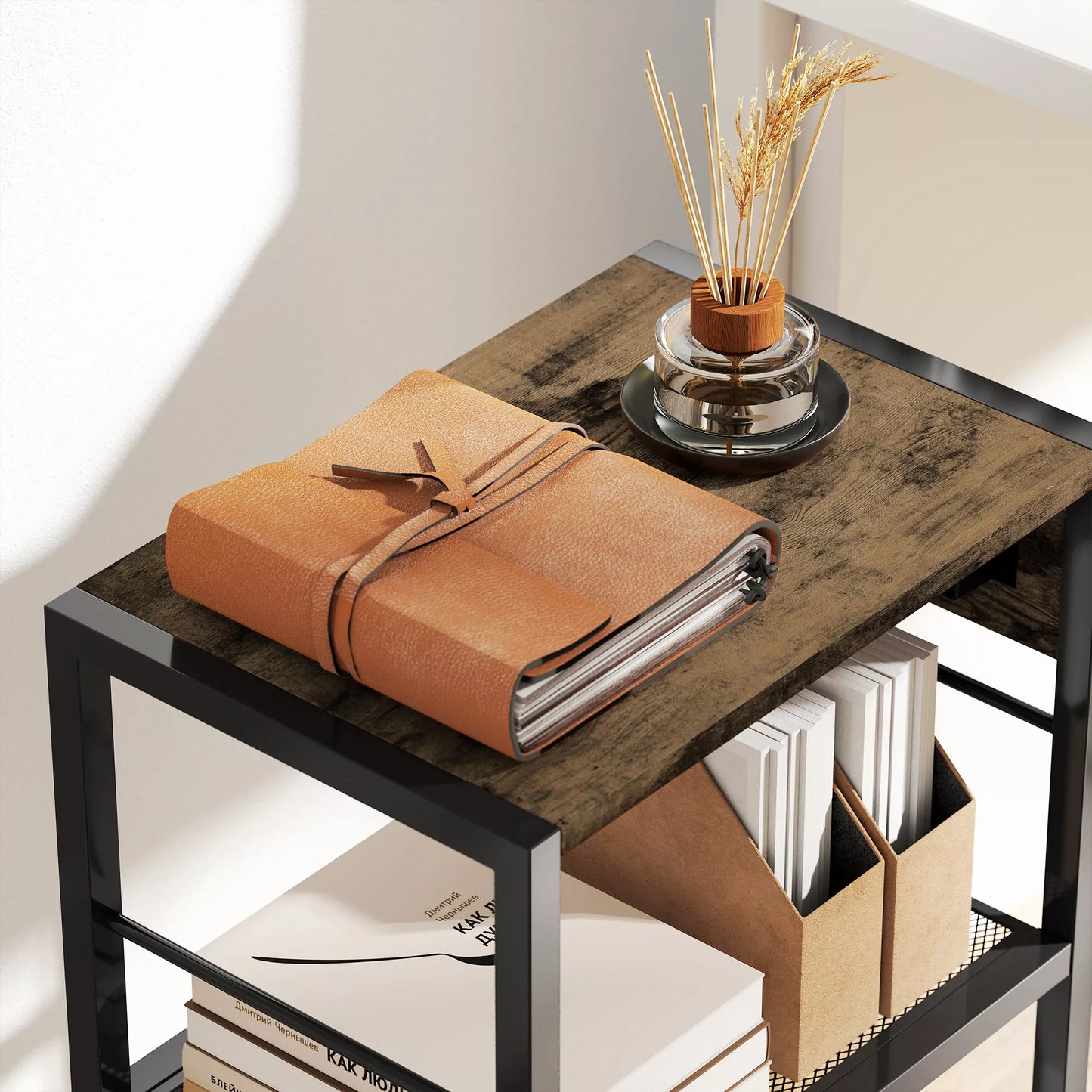 Spausdintuvo stovas Spausdintuvo lentyna su ratukais, elektros lizdais, USB ir USB-C jungtimis iki 40 kg Rustykalinė ruda