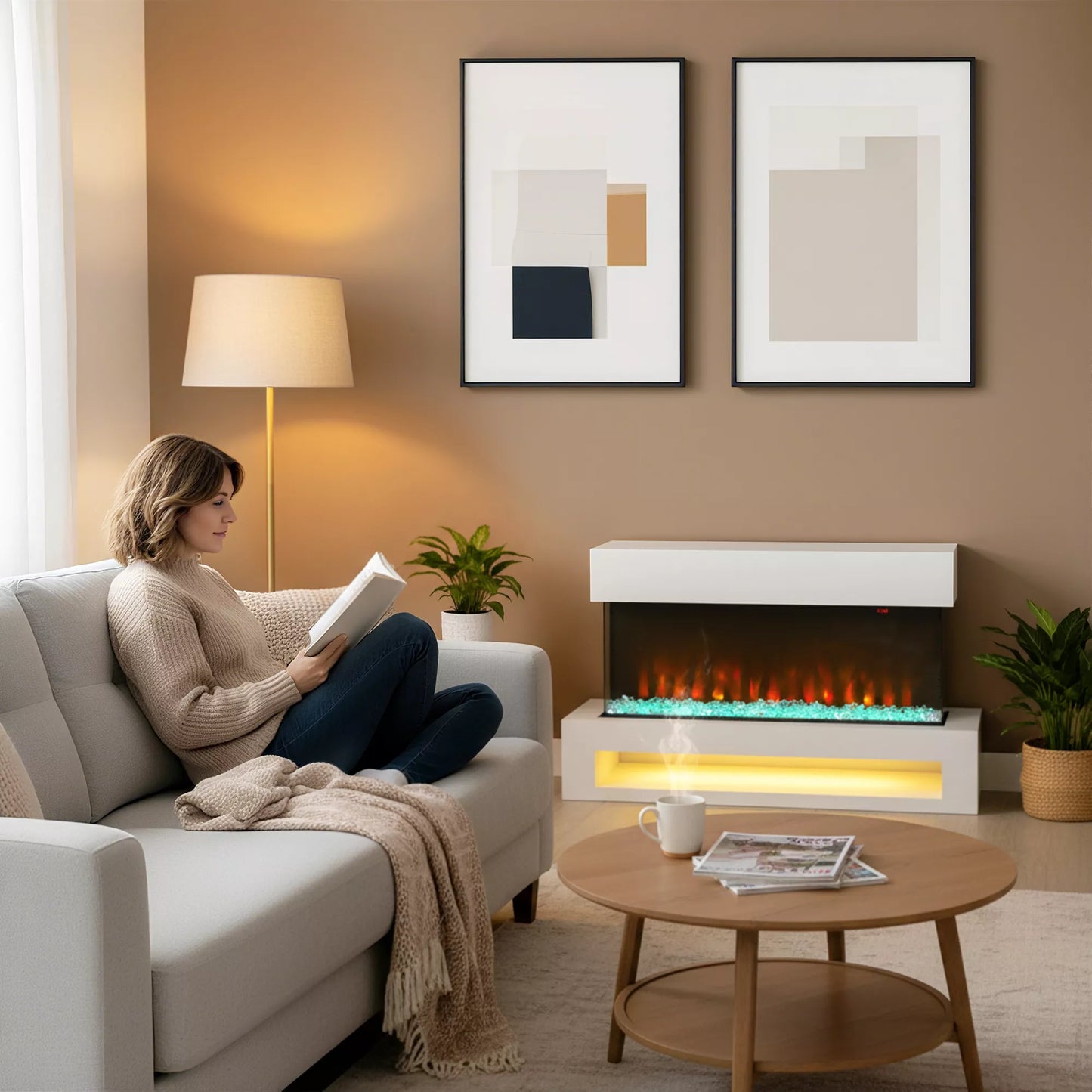 Elektrinis židinys su 11 liepsnos spalvų, 10 dekoratyvinių kristalų spalvų, 1000W/2000W, nuotolinio valdymo pultas, universalus naudojimas, baltas