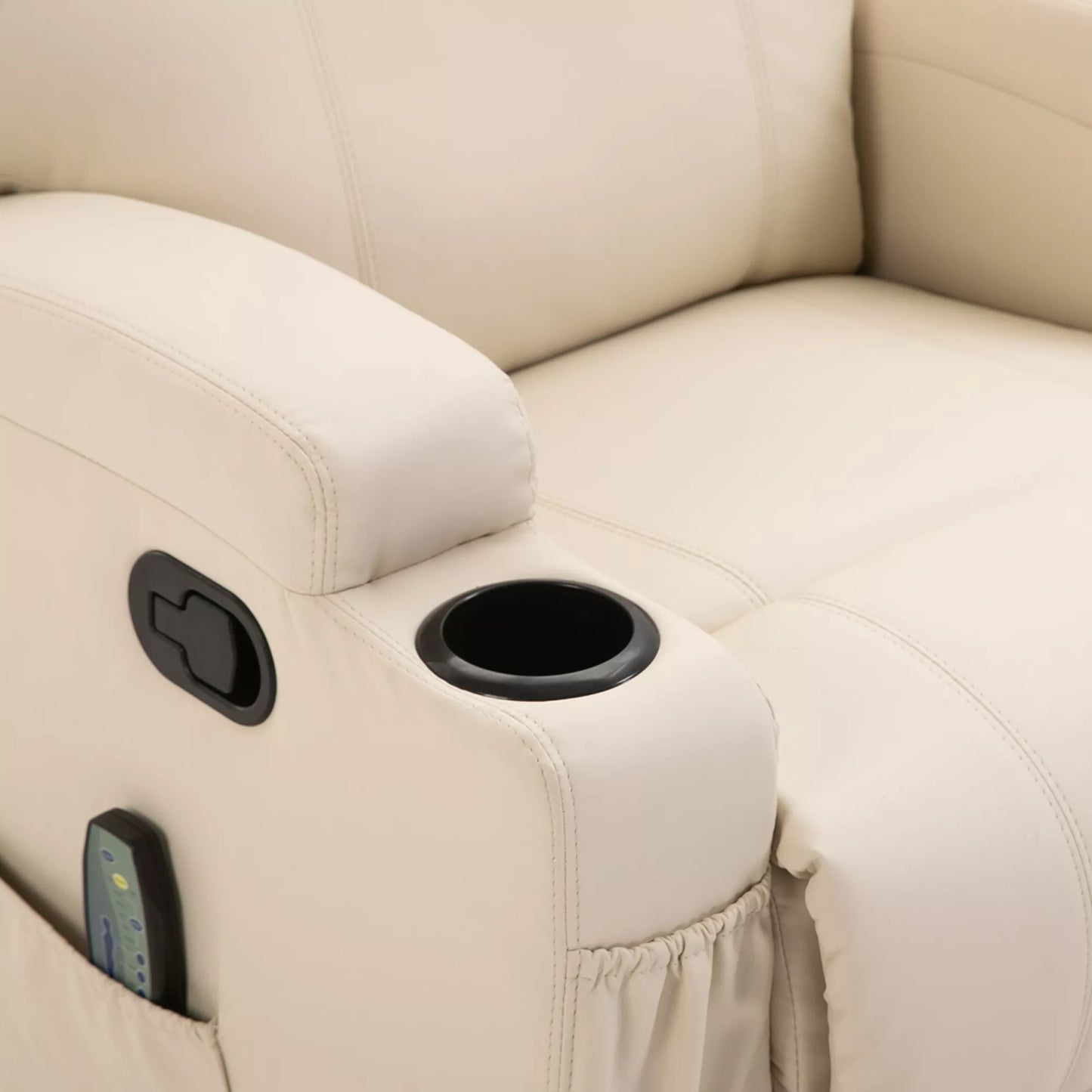 Elektrinis masažinis krėslas poilsiui, TV krėslas, su masažo funkcija, 5 masažo režimai, atsigulimo funkcija. Dirbtinė oda, mediena, metalas, putplastis. Kreminės baltos spalvos. 84 x 92 x 109 cm