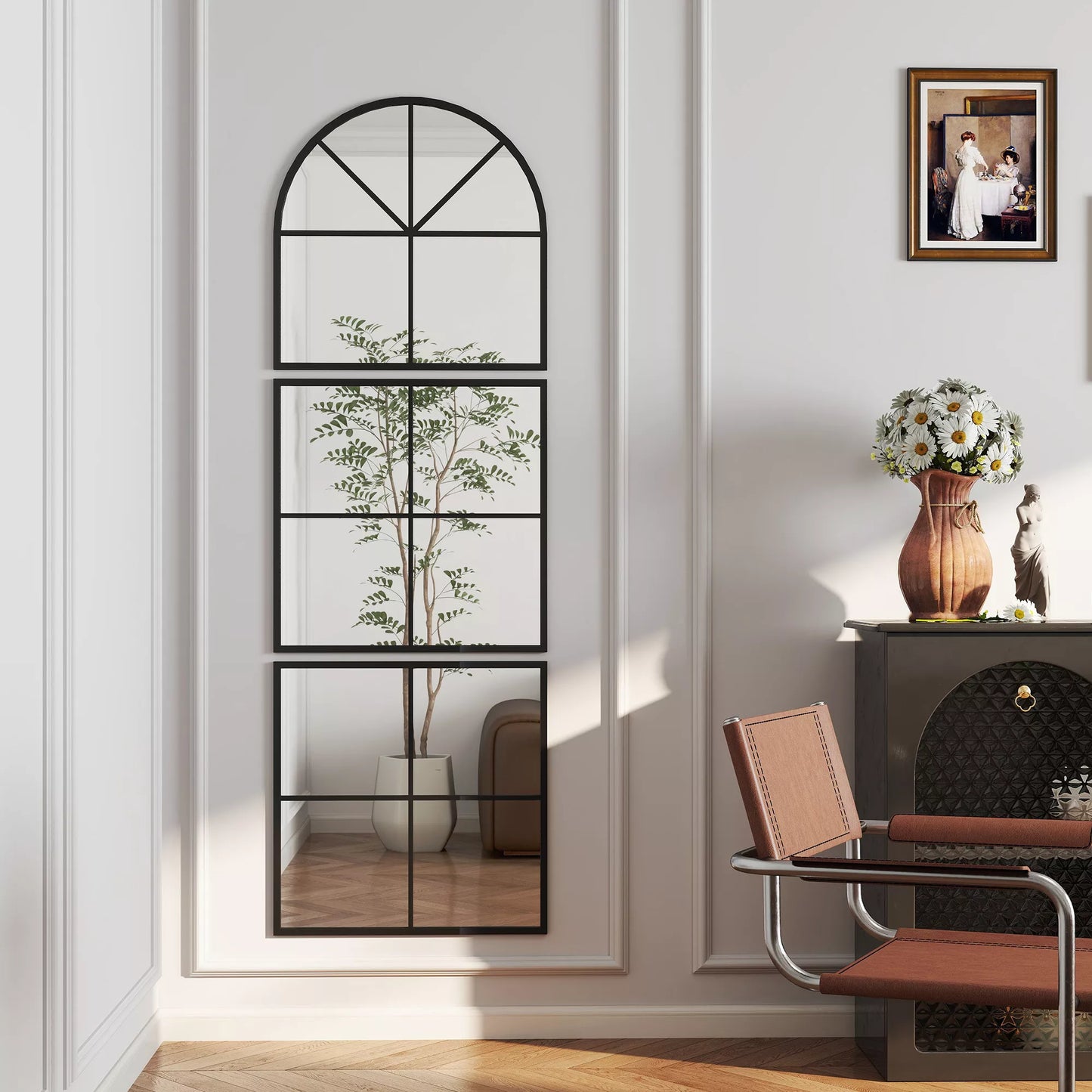 Trivietis sieninis veidrodis, lanko formos veidrodis su metaliniu rėmu, dekoratyvus 60 x 2 x 180 cm Juodas