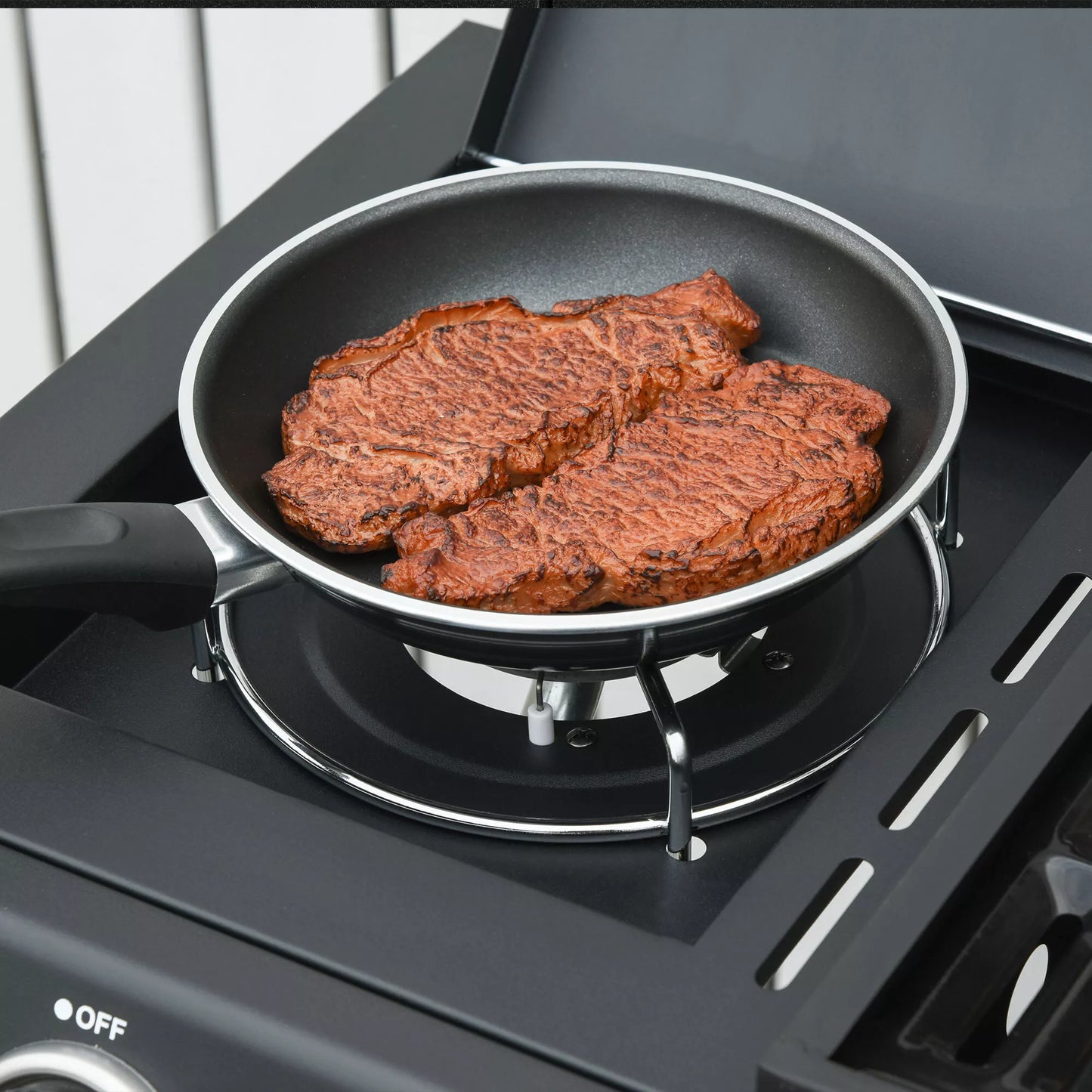 Dujinė kepsninė su 3 pagrindiniais degikliais + 1 šoniniu degikliu, laikymo lentyna, nerūdijančio plieno, juoda, 110 x 50 x 100 cm