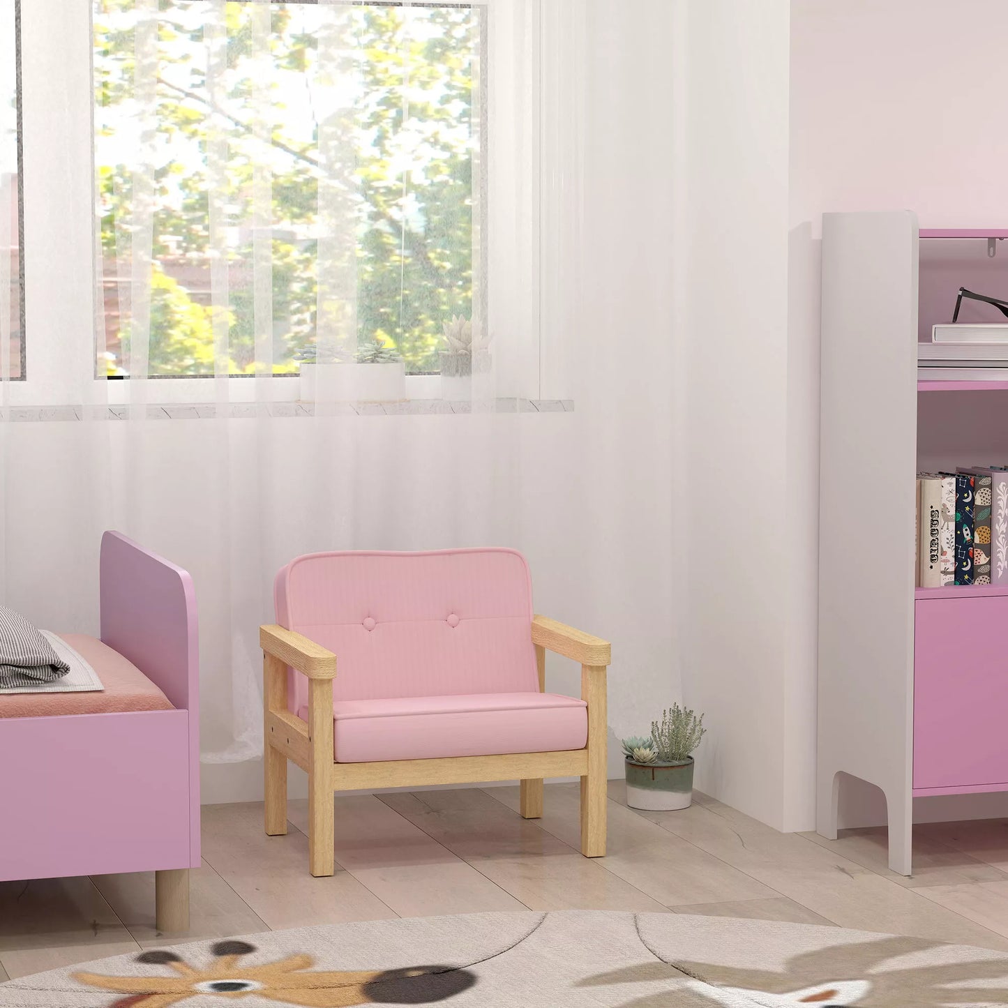 Vaikiška kėdutė / sofa su kordo rašto imitacija, tvirtomis medinėmis kojelėmis. Fotelis iš putplasčio, vaikiška kėdė vaikų darželiui, žaidimų kambariui, 46,5 x 44 x 45 cm, vaikams 3–8 metai, rožinė