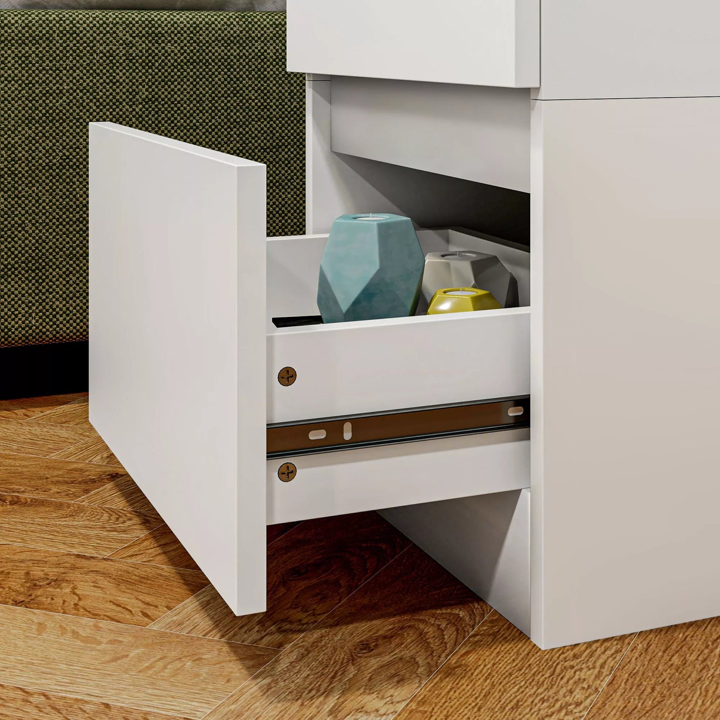 Naktinis staliukas su 2 stalčiais, pagalbinis staliukas su daiktadėže, skirtas svetainei, miegamajam, baltas.