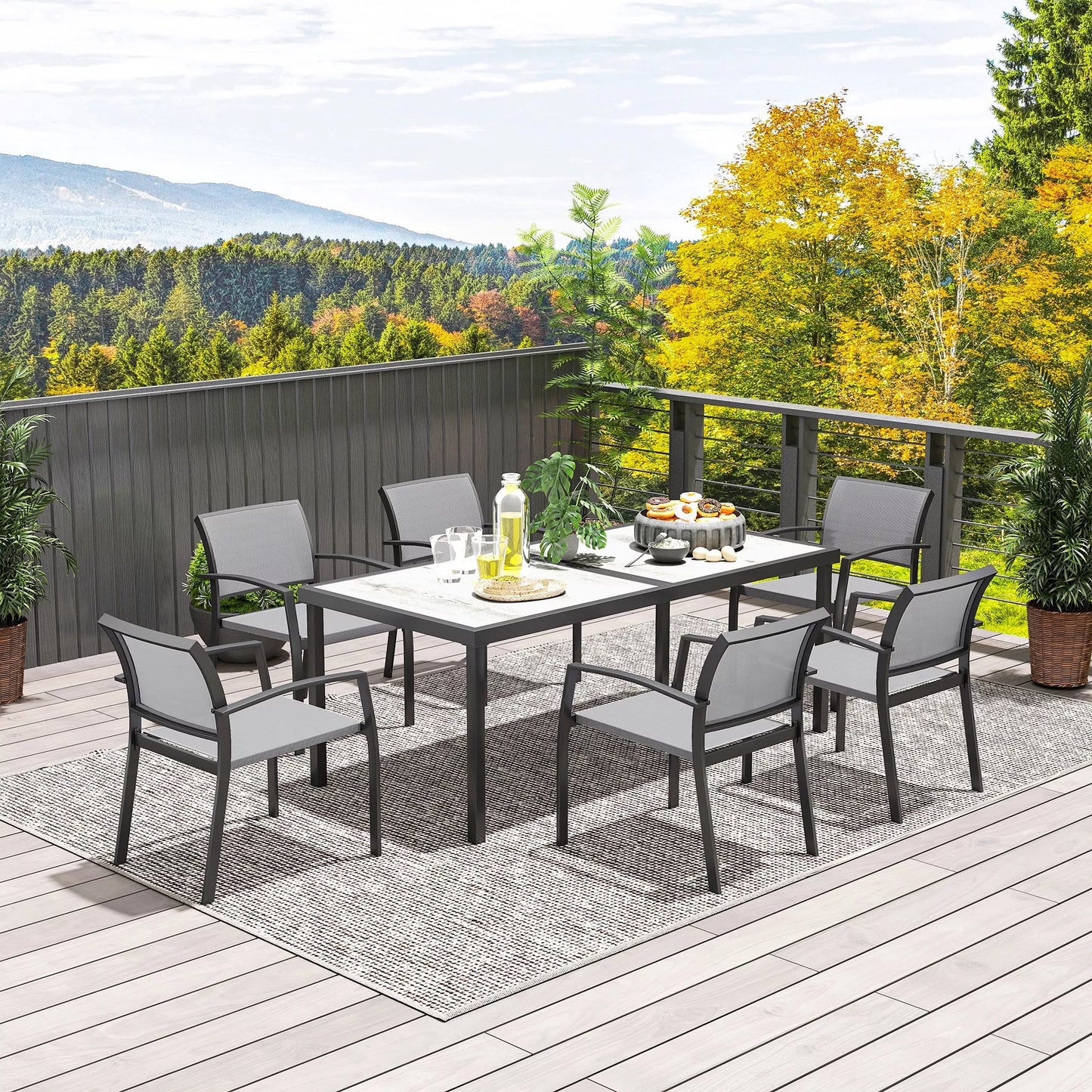 7 dalių valgomojo komplektas: 6 kėdės, 1 stalas, sudedamas, lengvai valomas, plieno rėmas, lauko baldų komplektas, pilkas