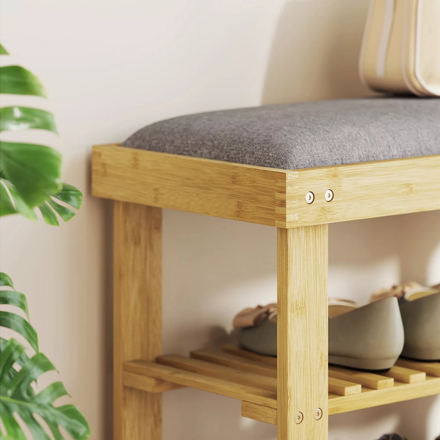 Batų suoliukas su sėdyne, prieškambario suoliukas su 2 atviromis lentynomis, bambukas, 60x29x49 cm, pilka