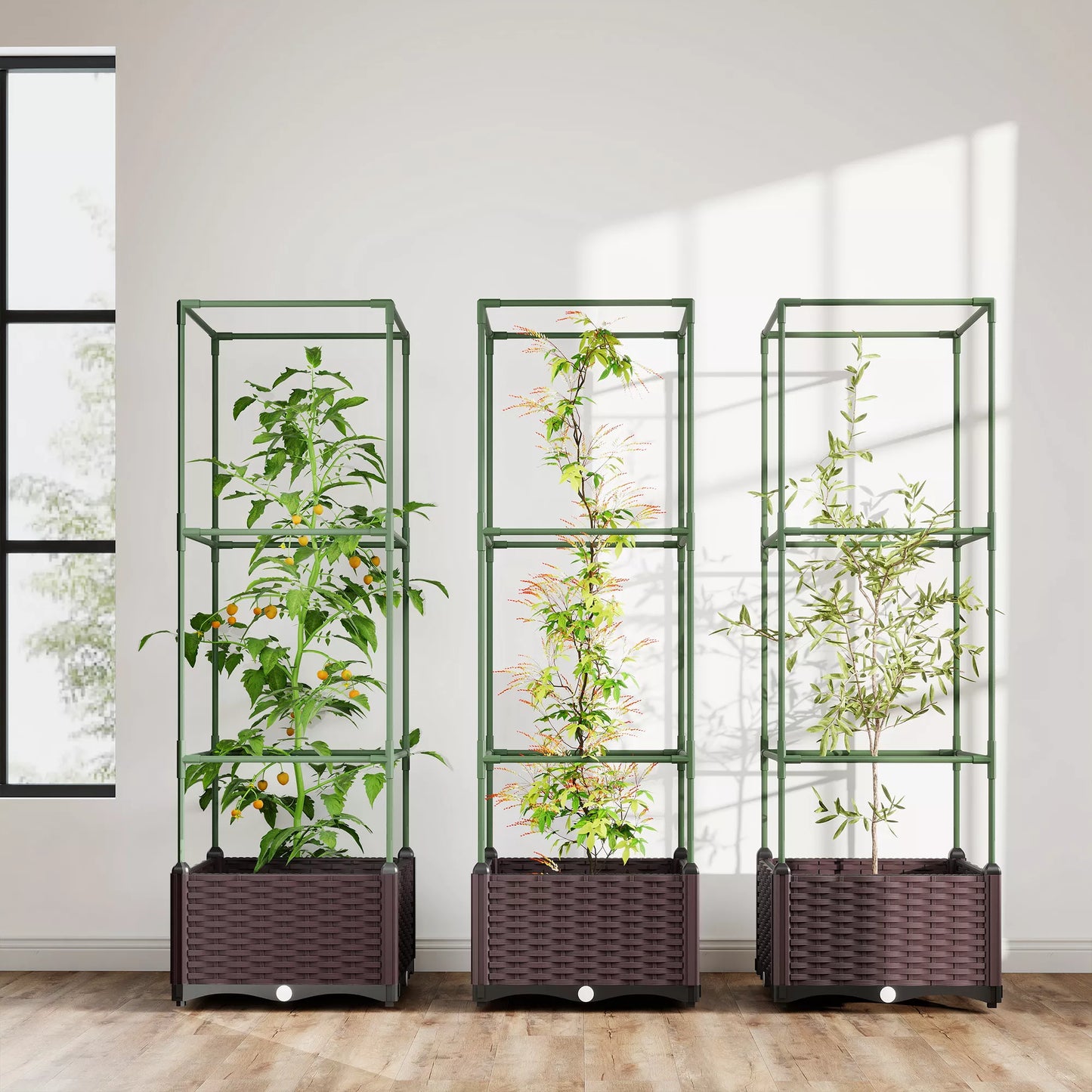 Pakeltų lysvių su grotelėmis rinkinys, trijų dalių augalų dėžės su drenažo angomis, plastikas, balta