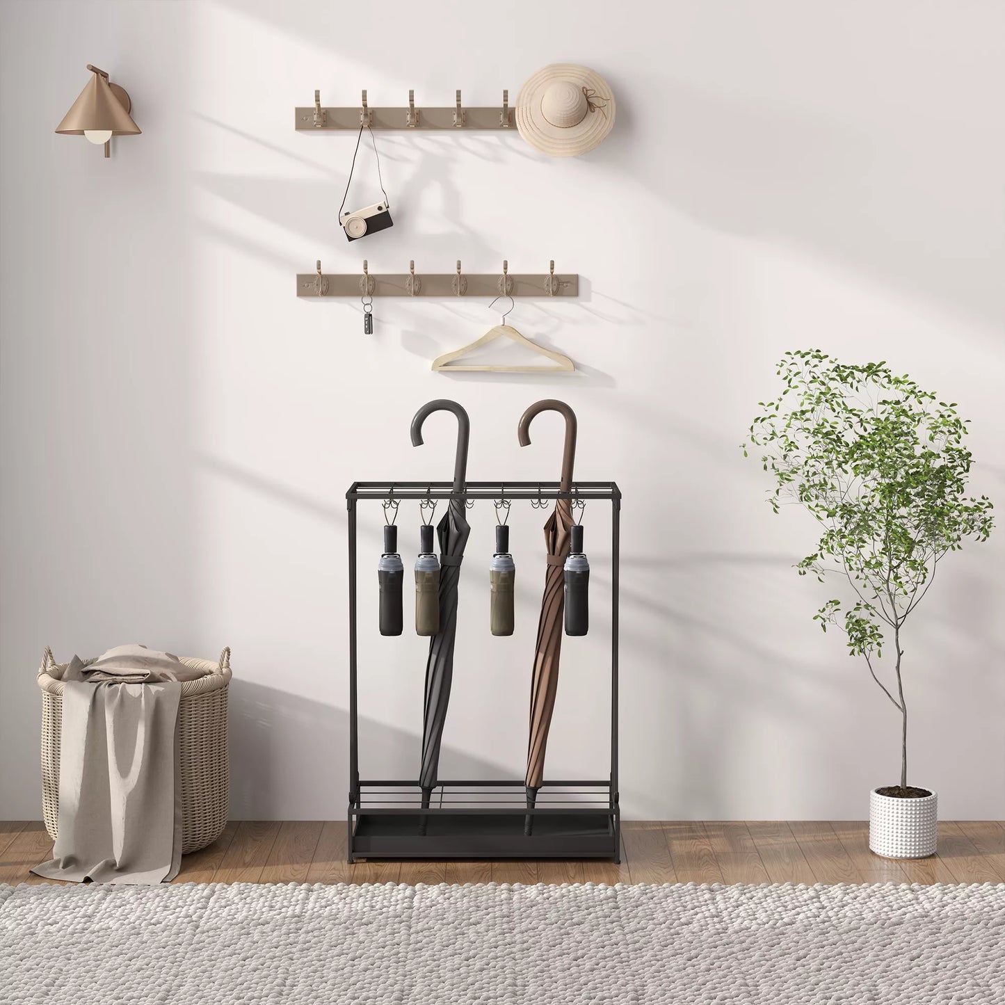 Skėčių stovas su išimamu vandens rinktuvu, skėčių stovas su 21 anga ir 24 kabliukais, plienas, juodas