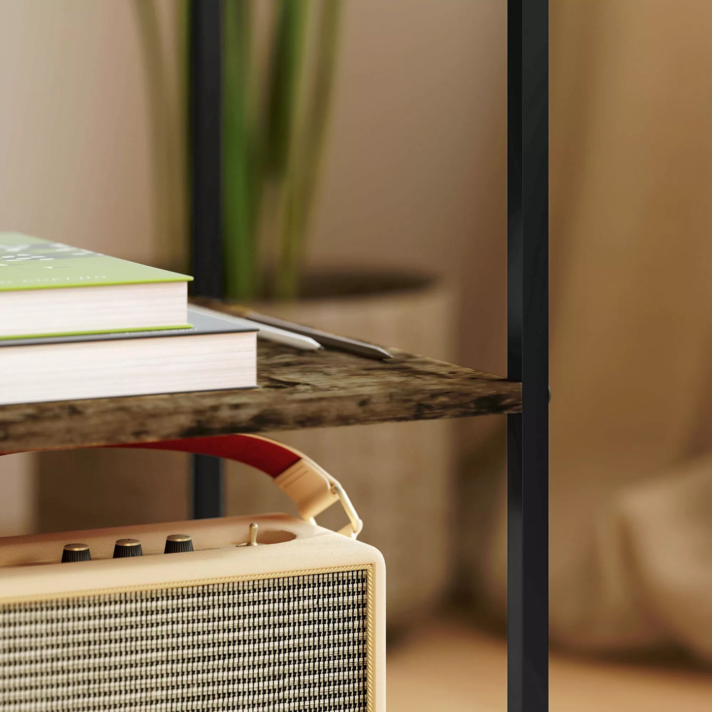 2 vnt. rinkinys stalelių su stikliniu stalviršiu, 3 pakopų dizainas, metalinis rėmas, skirta svetainei, miegamajam, ruda