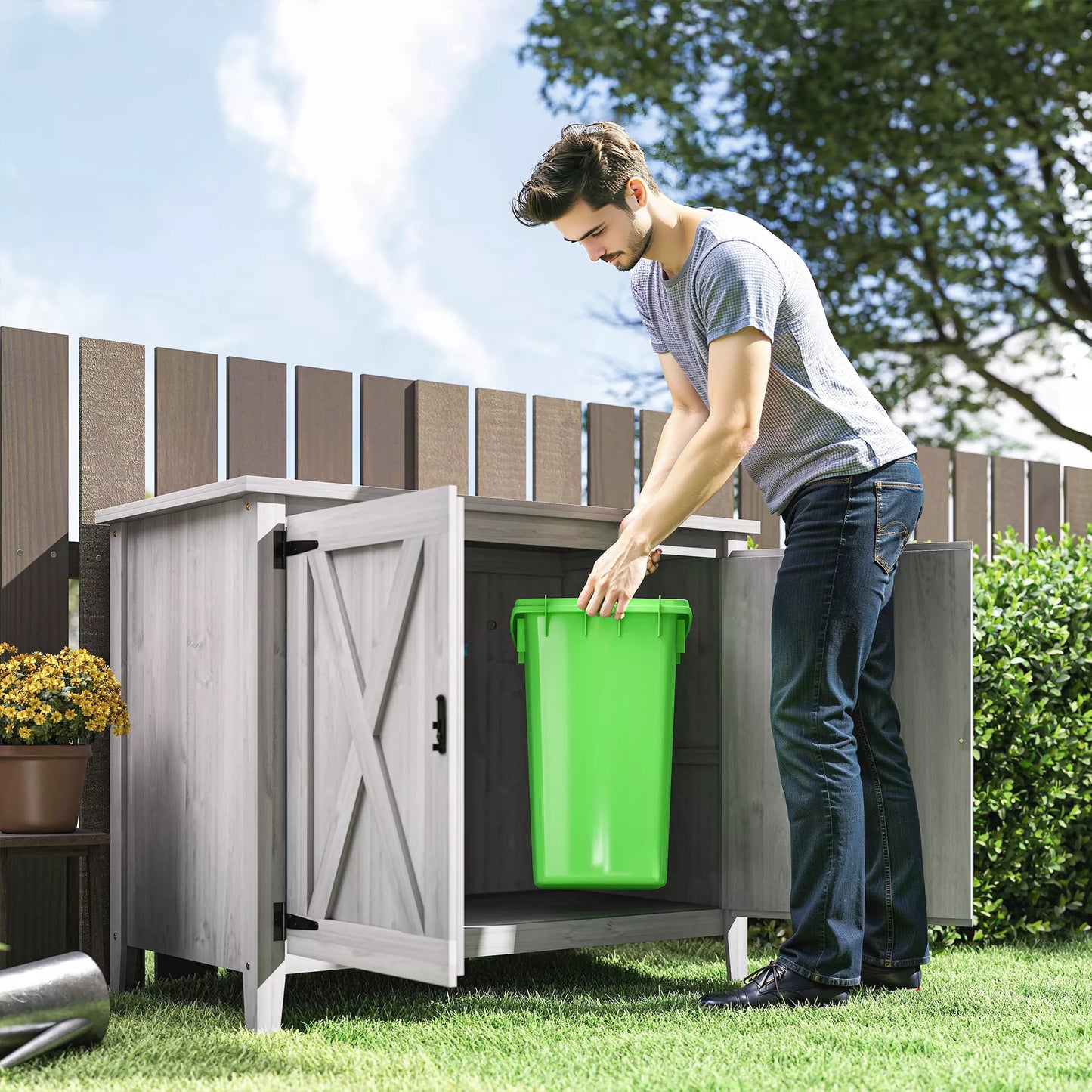 Lauko medinė spinta sodo įrankiams, lauko spinta terasai, su dvigubomis durimis, tvarto dizainas, šviesiai pilka