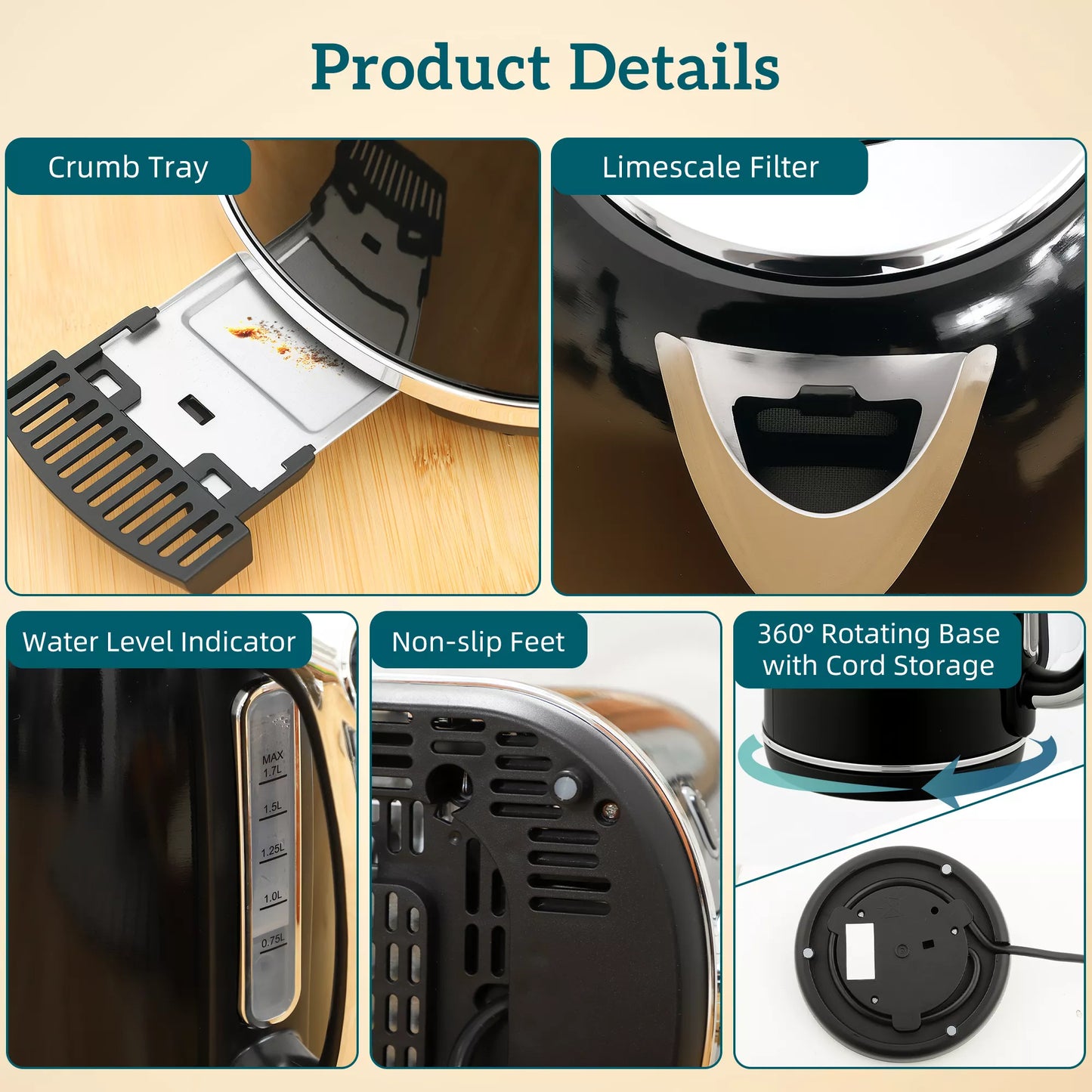 Virdulio ir skrudintuvo rinkinys, LED indikatorius, 1,7 litro, 2200W, Retro dizainas, Atminties funkcija, Juodas