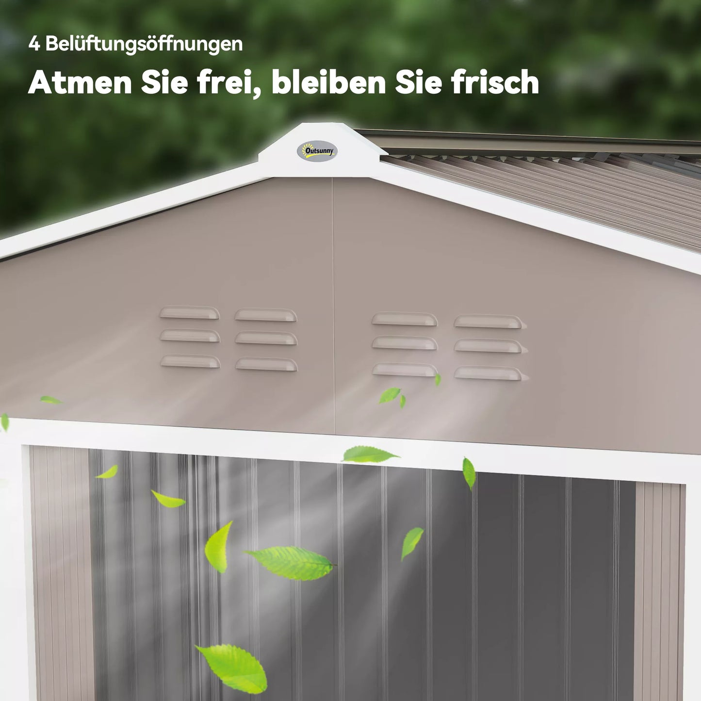 Metalinis sodo namelis įrankiams su stumdomomis durimis ir ventiliacijos langeliais, 277 x 195 x 192 cm, šviesiai pilkos spalvos