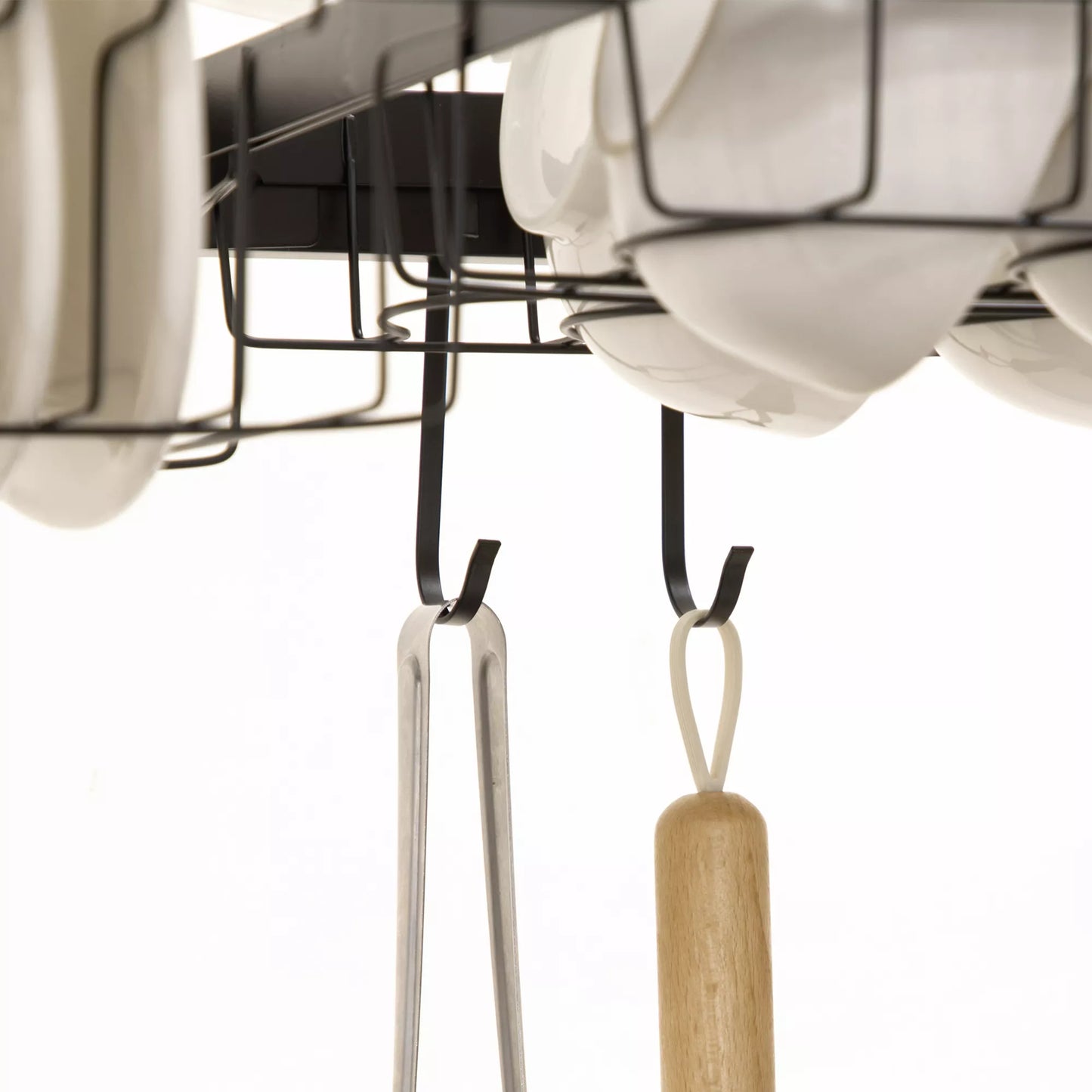 Džiovykla indams, 2 pakopų džiovykla su kabliukais, lentyna lėkštėms, priedai, 100 cm plieno, juoda