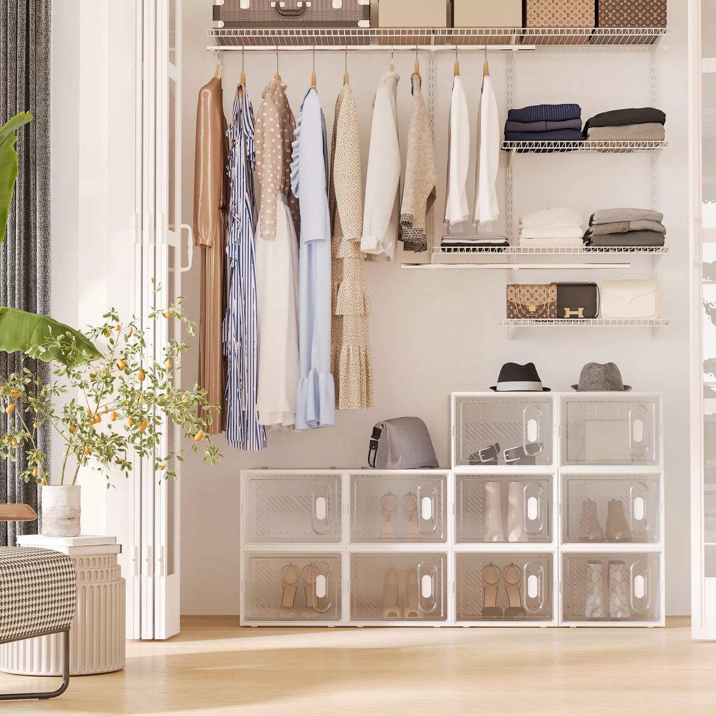 18 vienetų batų lentyna, sukraunamos batų dėžutės iki 45 dydžio batams, magnetiniai durelės, plastikas, 28 x 36 x 21 cm