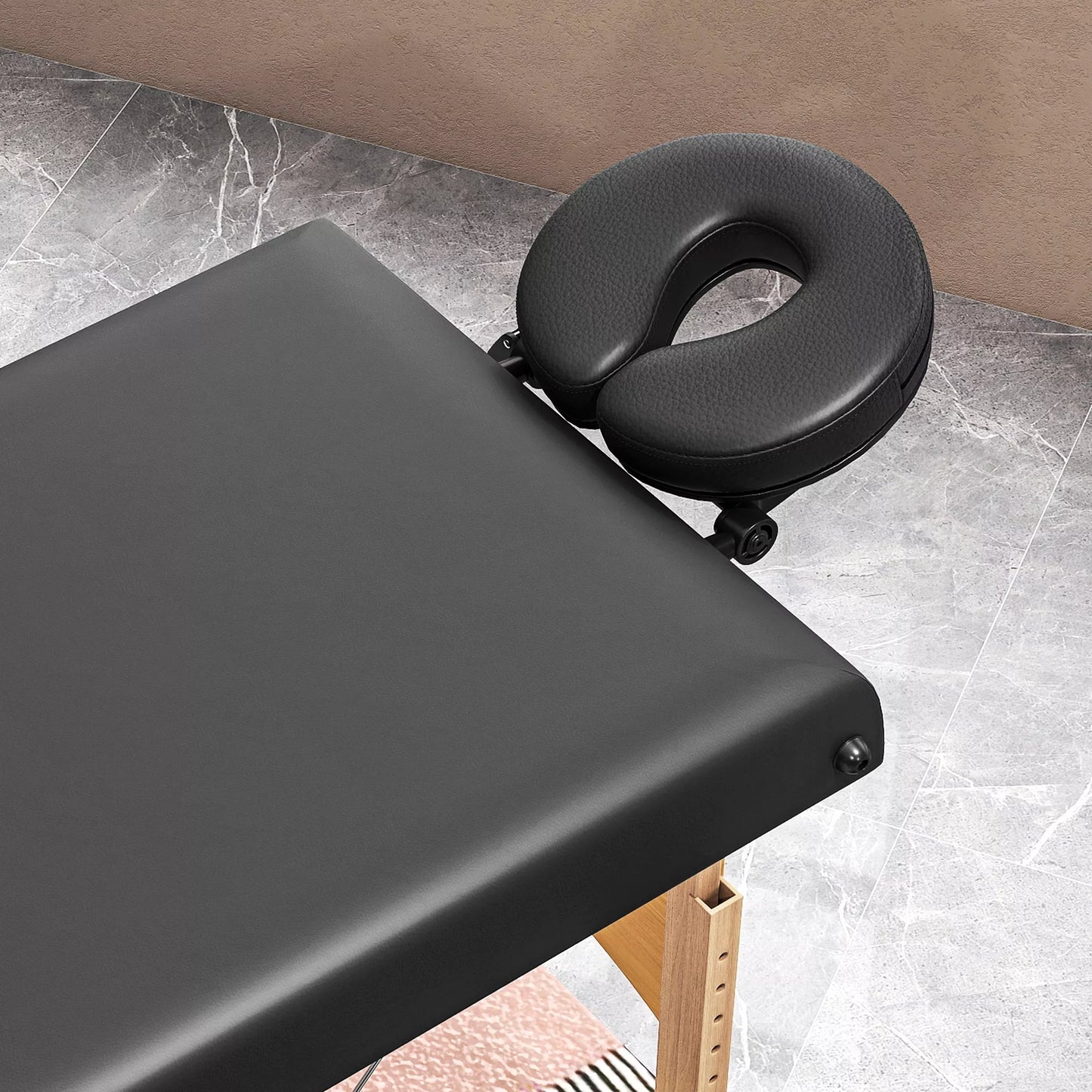 Aukščio reguliuojamas masažo stalas, medinis rėmas, sulankstomas masažo kušetė, putplasčio apmušalas, juodas