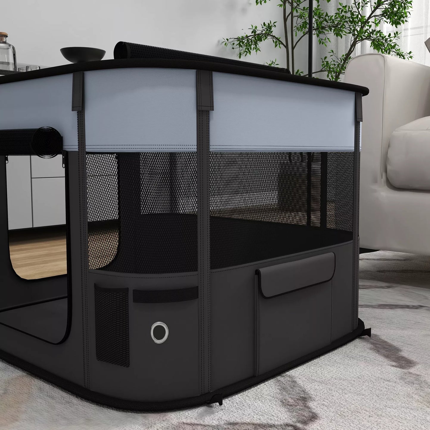 Naminių gyvūnėlių žaidimų aptvaras, sulankstomas, su laikymo maišeliu, skirtas šuniukams ir kačiukams, naudoti viduje ir lauke, pilkos spalvos