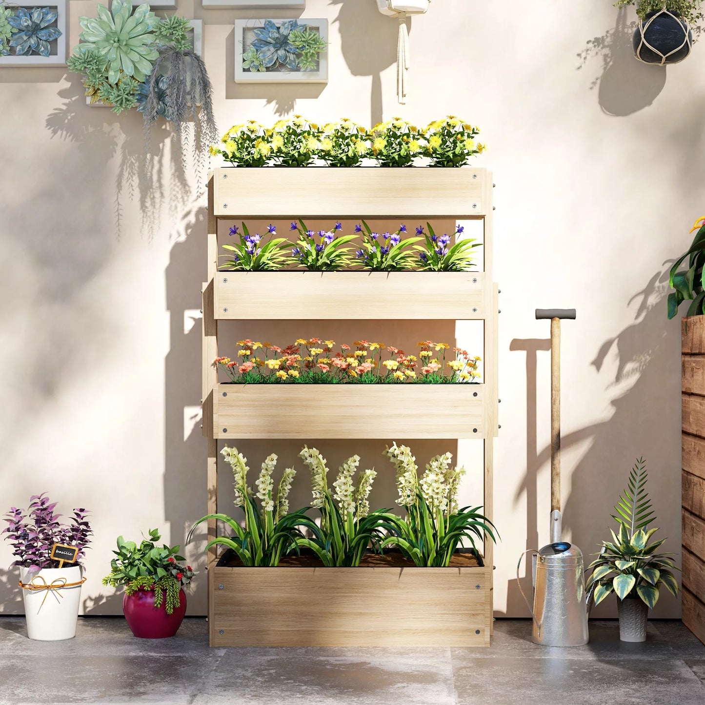 Medinė pakeliamoji lysvė, 4 pakopų sodinimo lysvė su drenažo skylutėmis, šiltnamis sodui 88,5 x 45 x 140 cm natūralios medienos