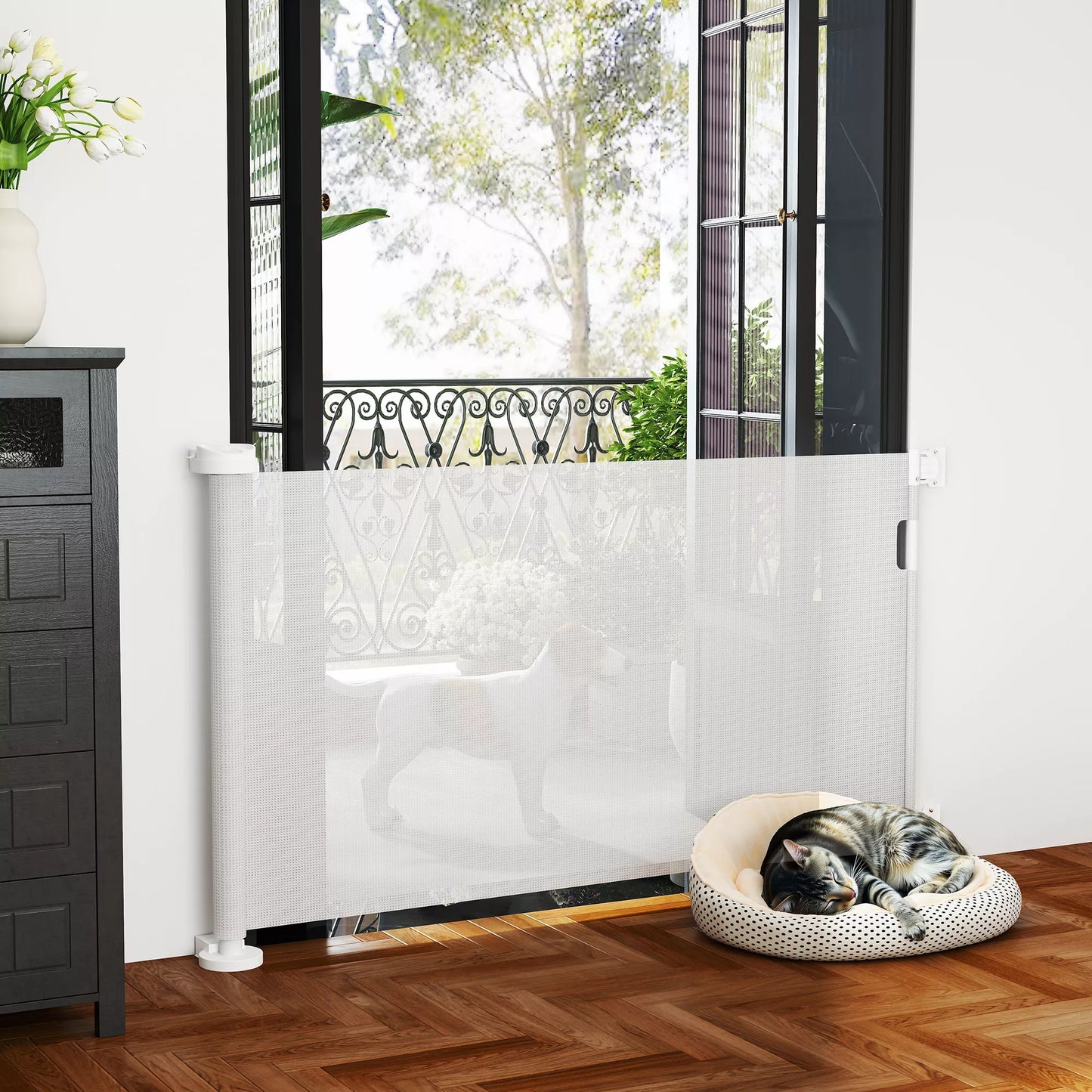 Ištraukiami laiptų ir durų varteliai augintiniams, 0-136 cm, 87 cm aukščio, 142 x 10 x 87 cm, balti