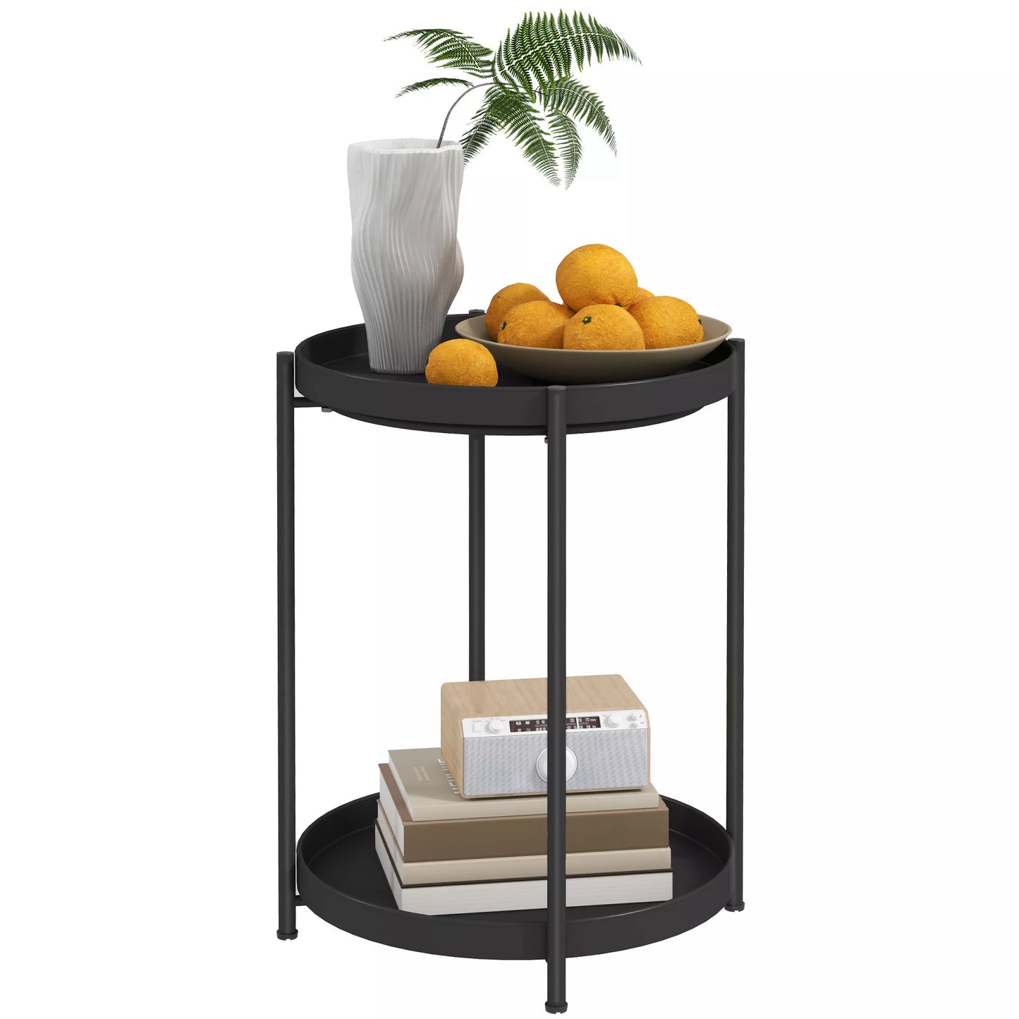 Apvalus staliukas su lentyna, 2 pakopų kavos staliukas svetainei, miegamajam, mažoms erdvėms, metalas, juodas