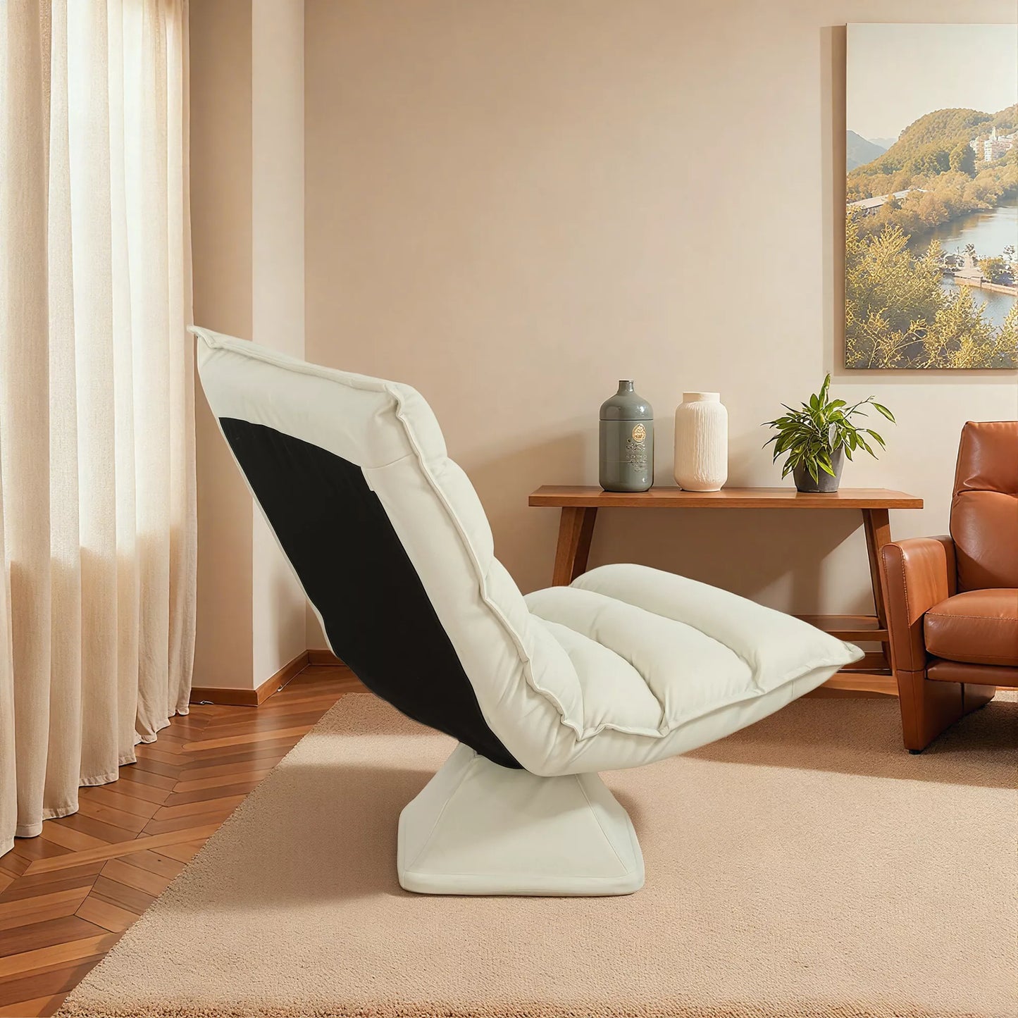 Poilsio krėslas, sėdmaišis, reguliuojama atlošas, odos išvaizda, 62x70x95cm, smėlio spalvos