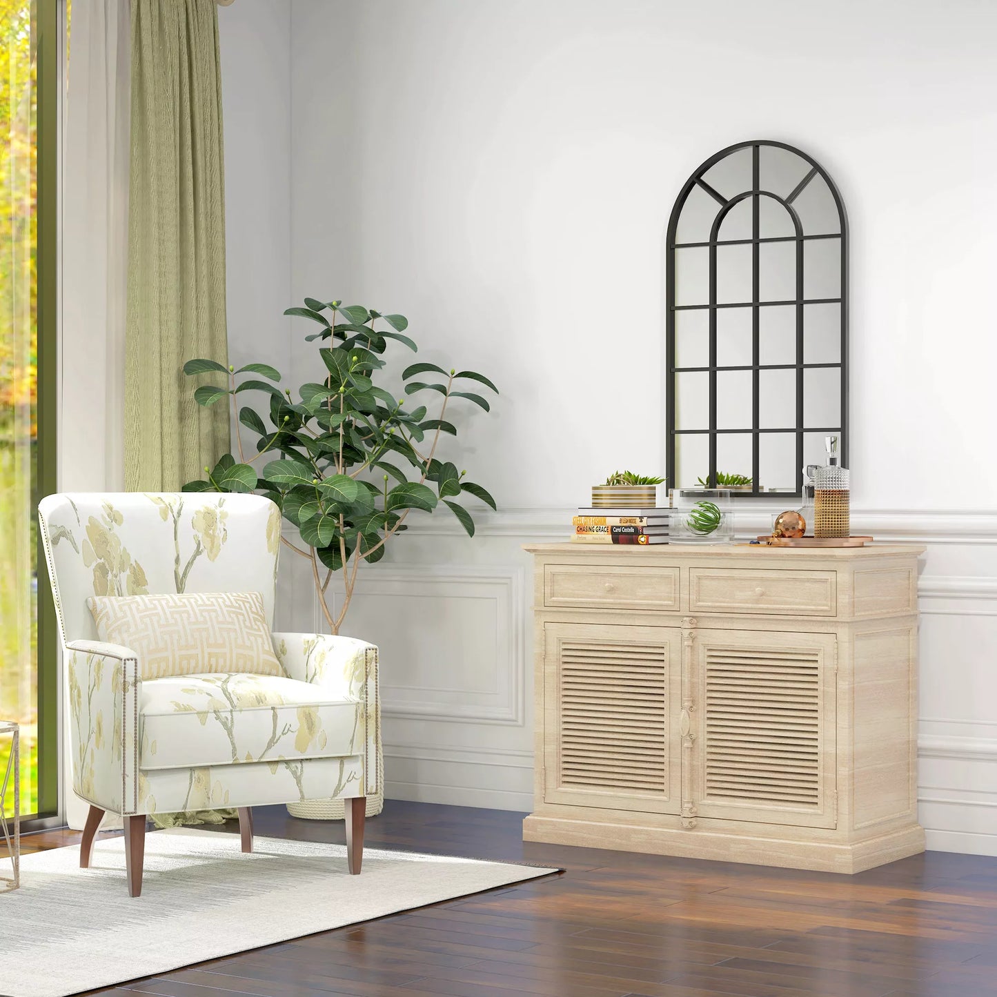 Dekoratyvinis veidrodis didelis, langų dizaino, arkos formos, su pakabinimo sistema. Juodas + veidrodinis stiklas