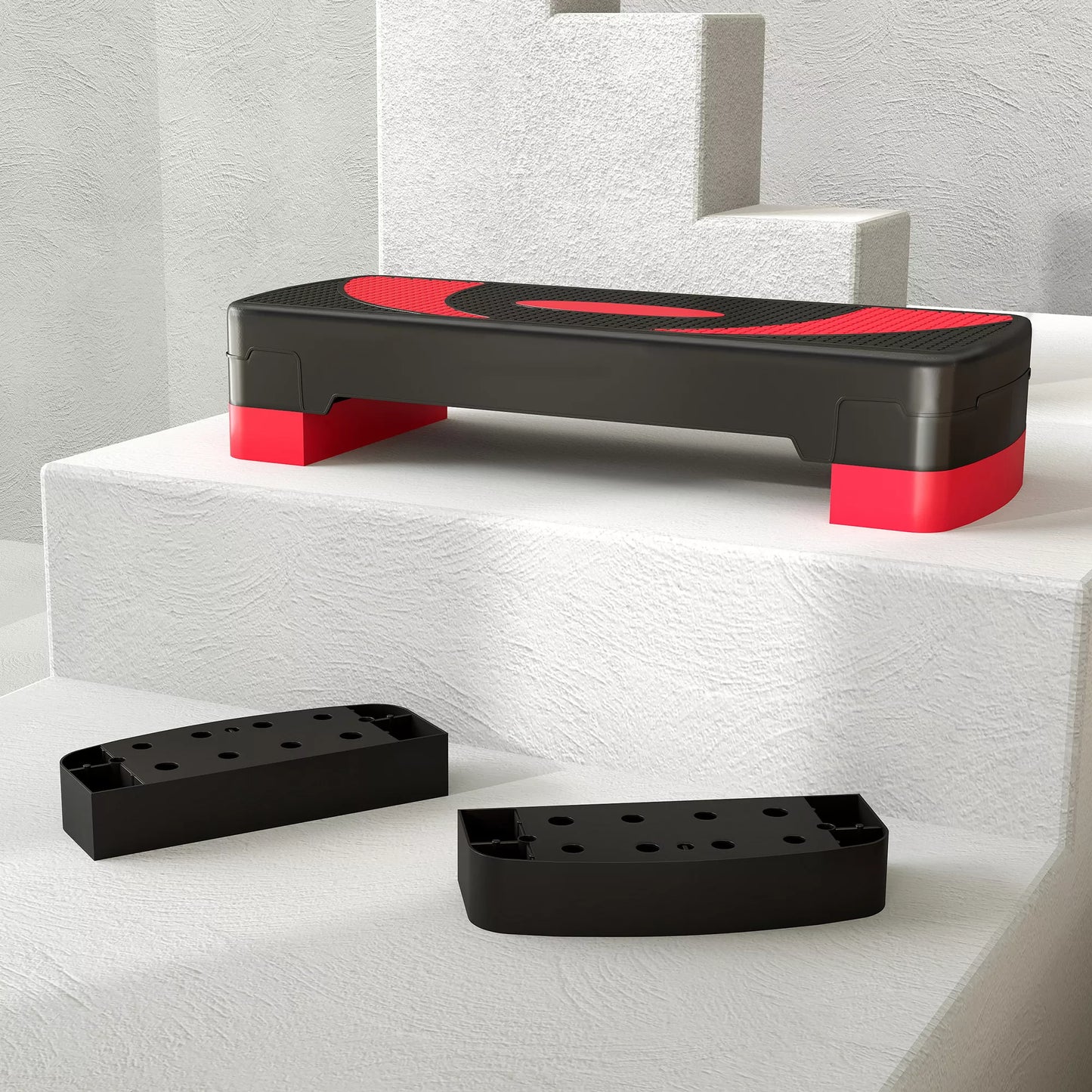 Aerobikos step-platforma, reguliuojamo aukščio, skirta naudoti patalpoje ir lauke, keliamoji galia iki 150 kg, 80 x 31 x 10-20 cm, Raudona