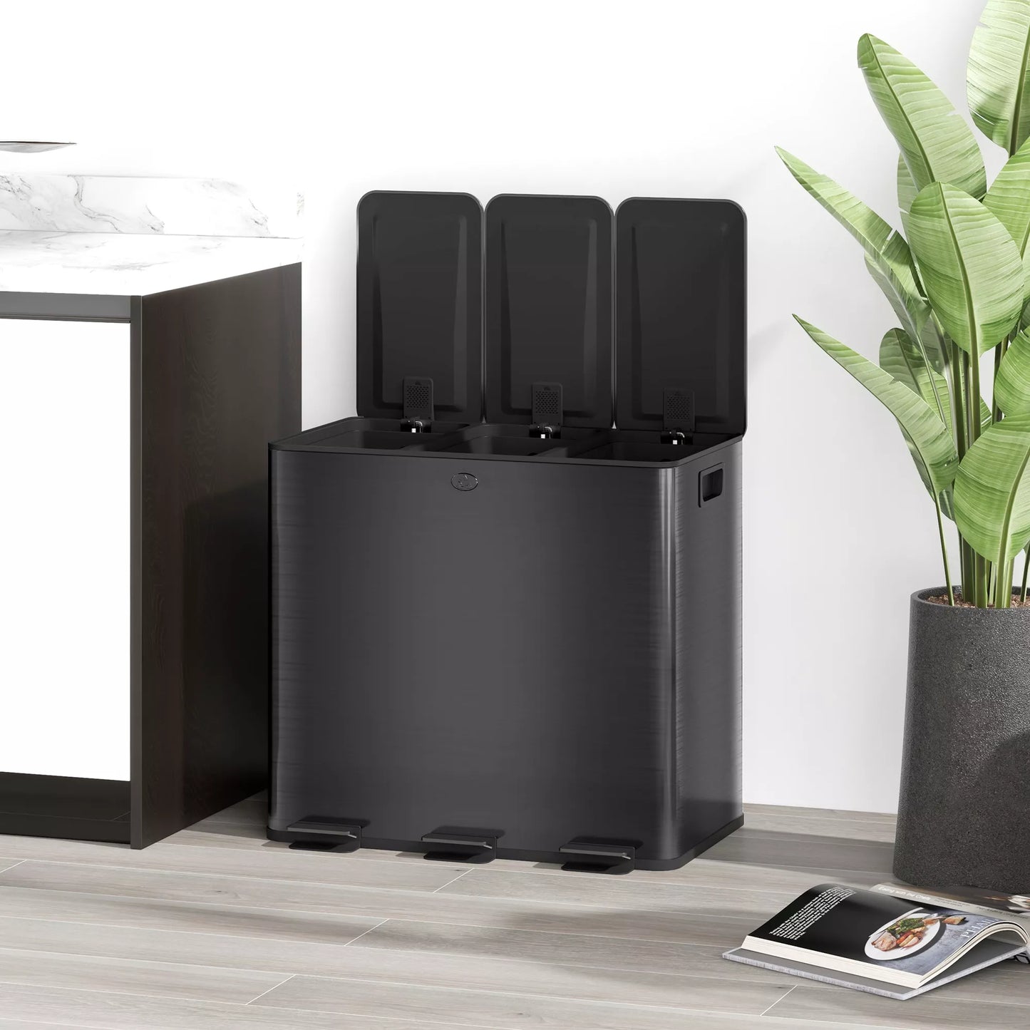 Šiukšliadėžė su 3 x 15L skyriais, kvapų filtru, atspari pirštų atspaudams, su švelniu uždarymu, išimama, juoda