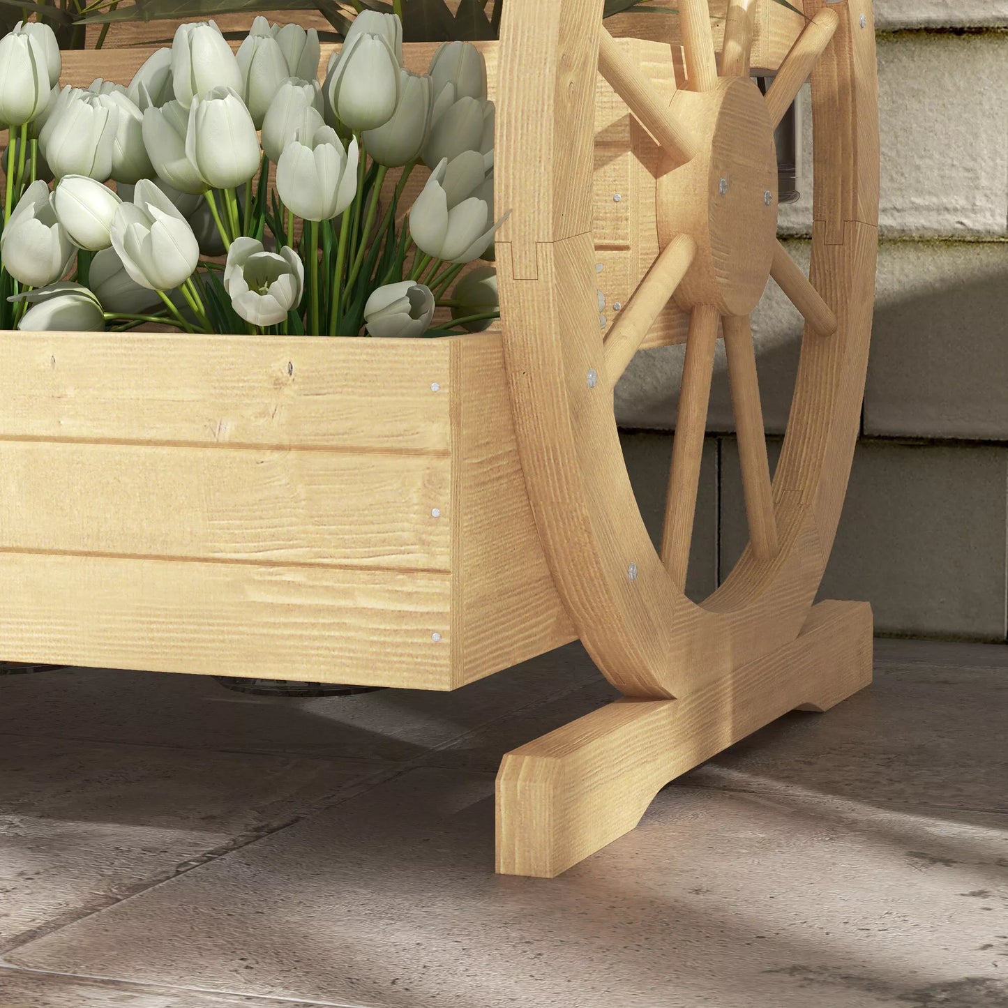 Pakelta lysvė, 3 aukštų su dekoratyviniais ratais, natūrali mediena, 62x61x57 cm, natūralaus medžio