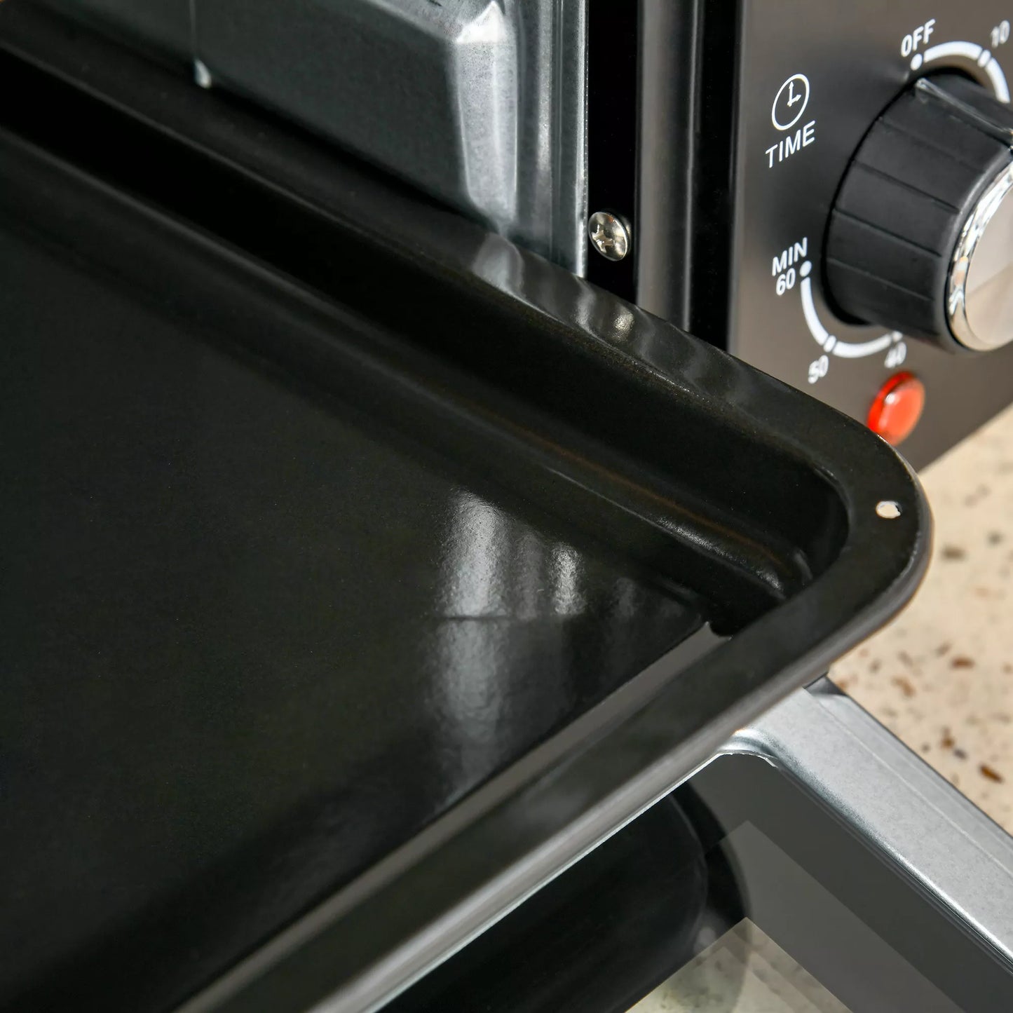 Miniorkaitė, 21 L skrudintuvo orkaitė su 1 vieliniu groteliu ir 1 kepimo skarda, 3 gaminimo režimai, 100 °C-230 °C, nerūdijantis plienas, stiklas, juoda