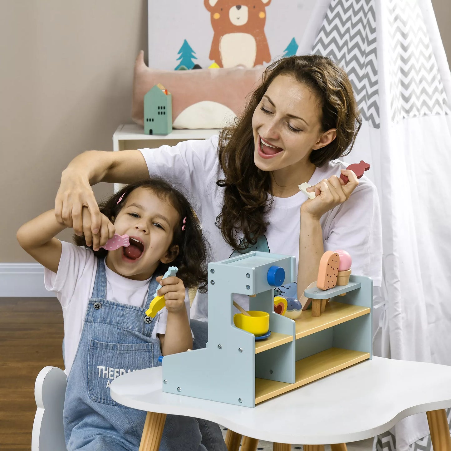 Žaidimų ledų namelis vaikams, ledų kioskeli, daug priedų, lavina vaizduotę ir motoriką, šviesiai mėlyna spalva