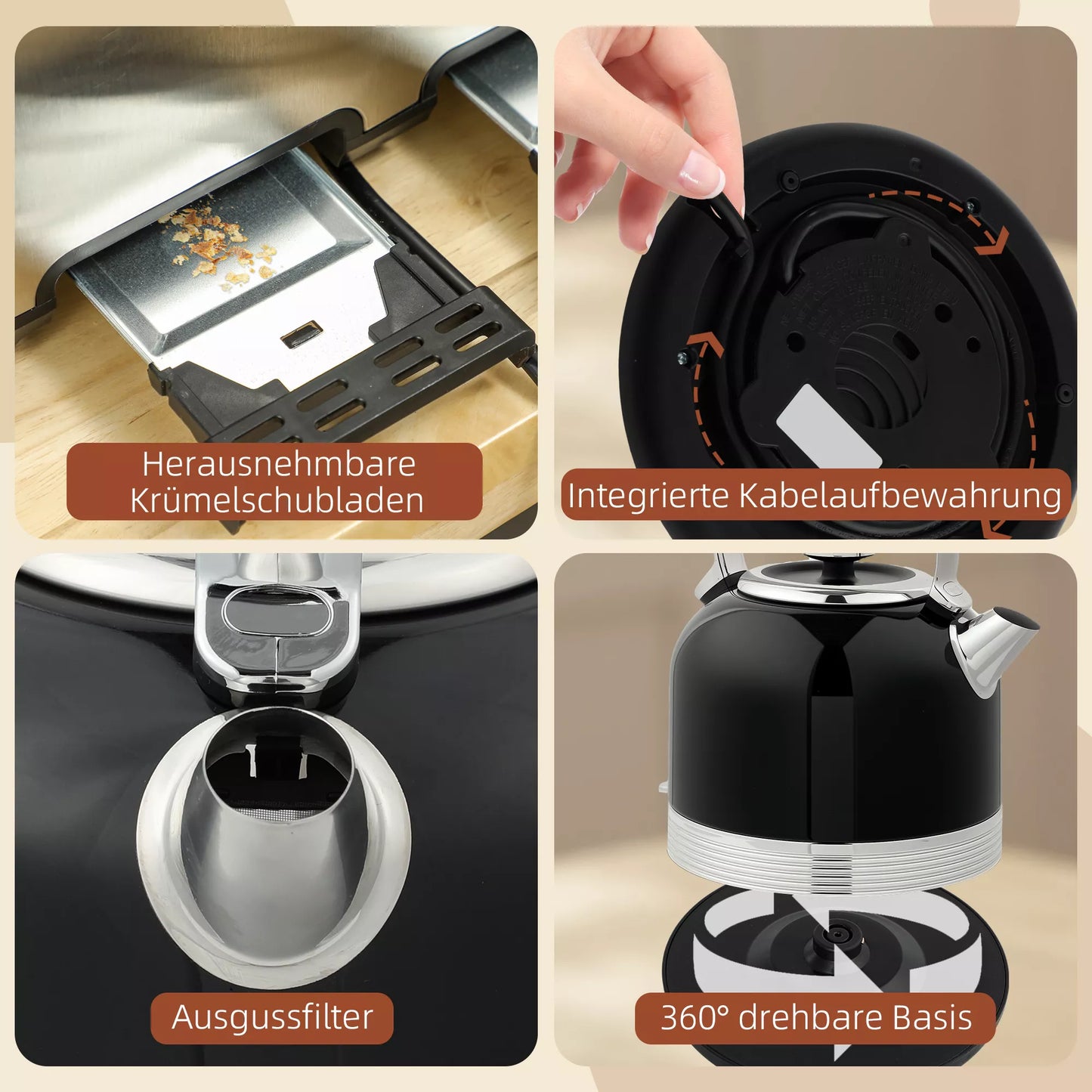 Virdulio ir skrudintuvo rinkinys, 7 rudinimo lygiai, 1,7 L, plastikas, nerūdijantis plienas, juodas