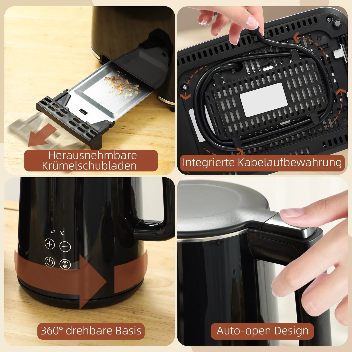 Virtuvės rinkinys su virduliu ir skrudintuvu, 7 skrudinimo lygiai, greitas virimas, nerūdijantis plienas, plastikas, juoda spalva.